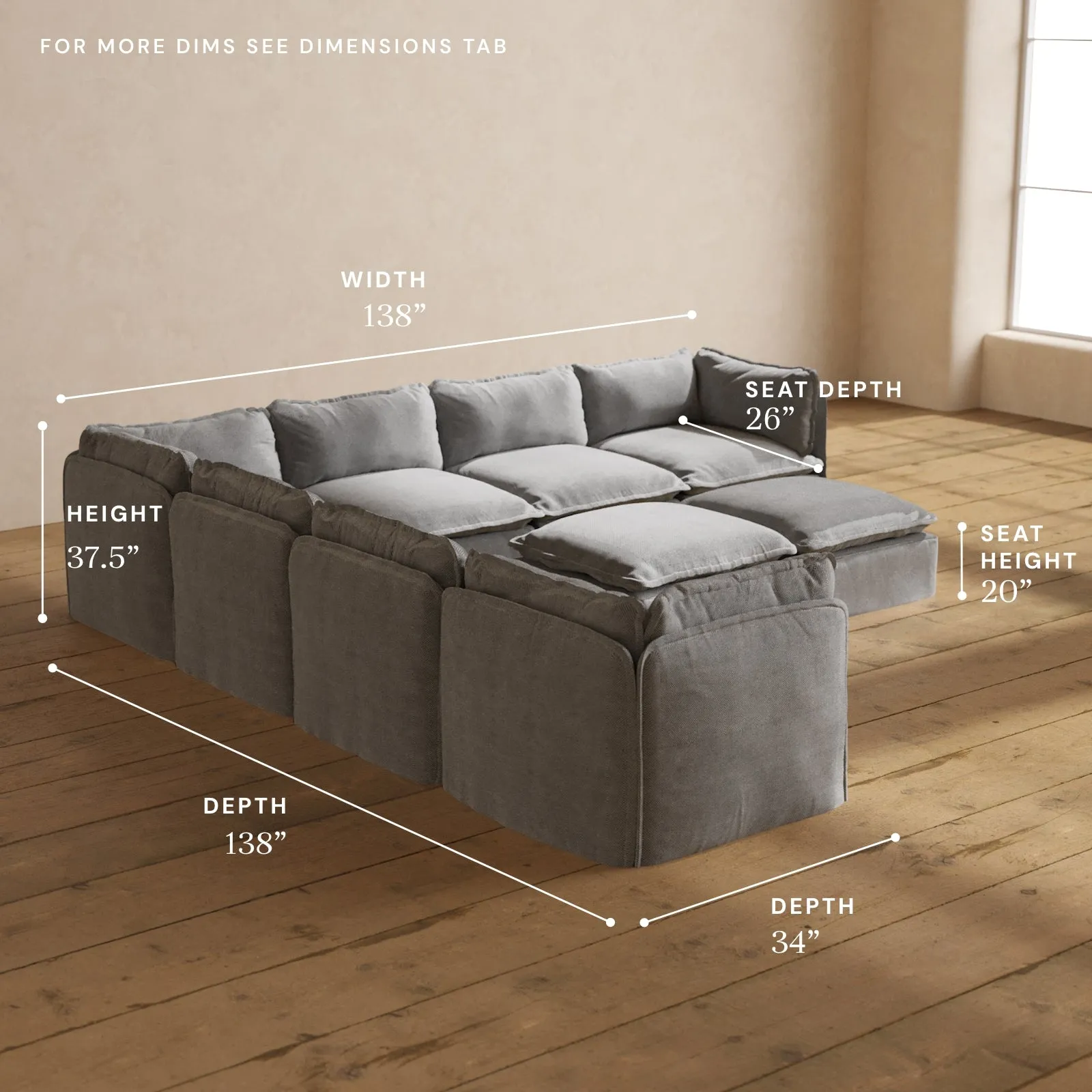 Modular Washable 7-Seater Corner Sectional   Bench Ottoman in Ash | Deluxe  Seat | Contour Pillow