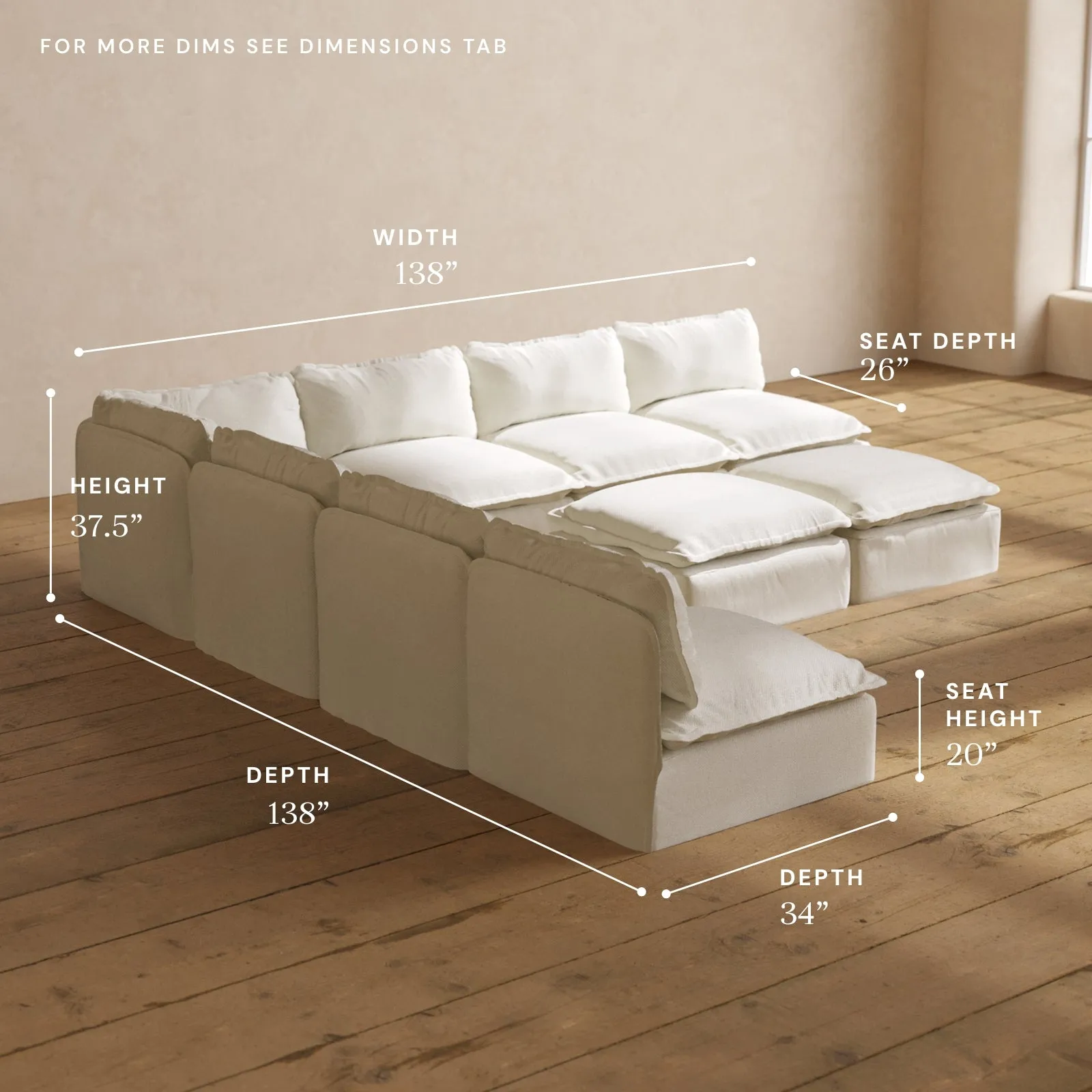 Modular Washable 7-Seater Open-Ends Corner Sectional   Bench Ottoman in Eggshell | Memorix  Seat | Contour Pillow