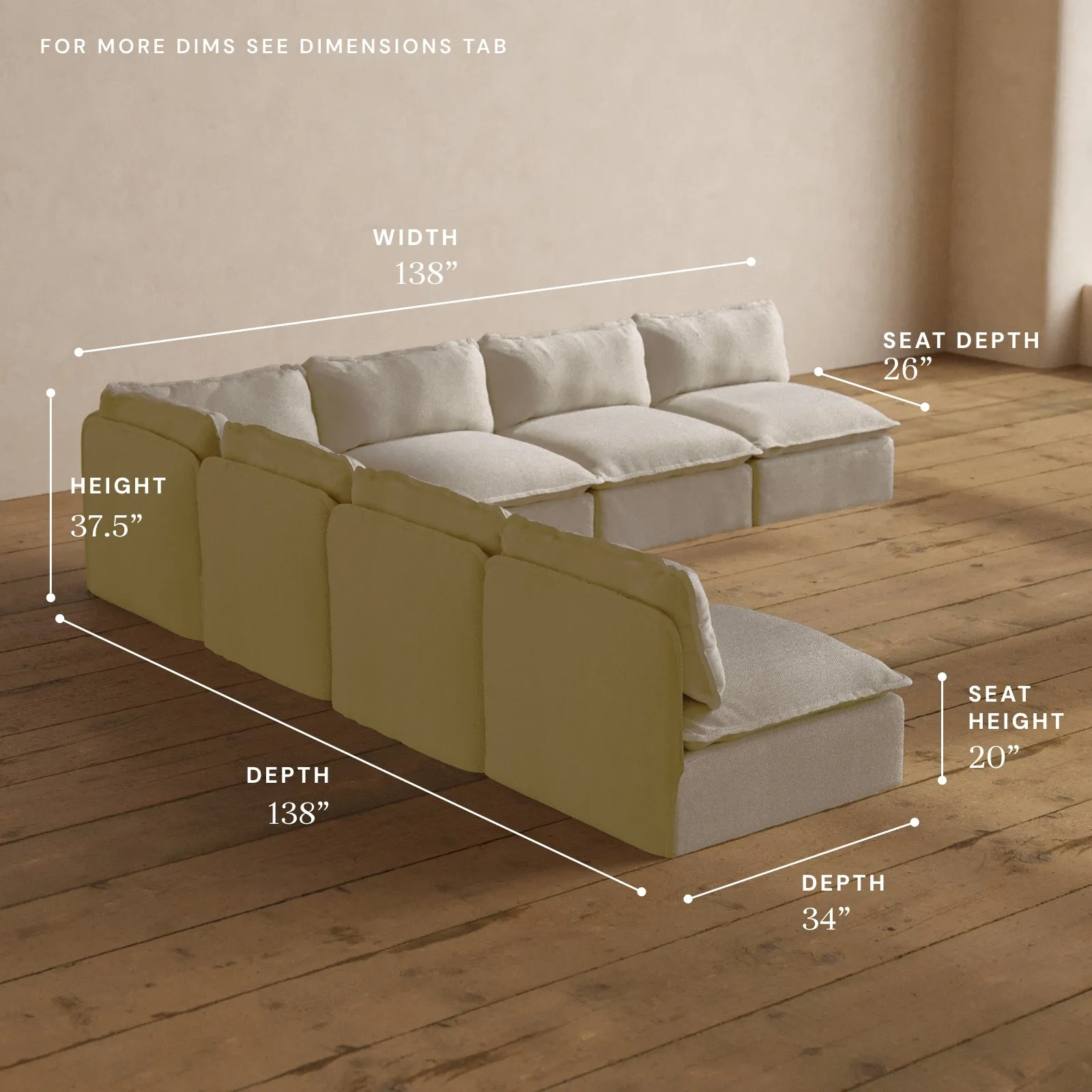 Modular Washable 7-Seater Open-Ends Corner Sectional in Powder | Memorix  Seat | Contour Pillow