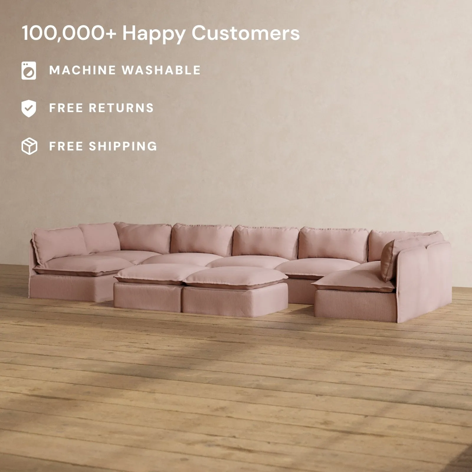 Modular Washable 7-Seater Open-Ends U-Sectional   Bench Ottoman in Sakura | Deluxe  Seat | Cloud Pillow