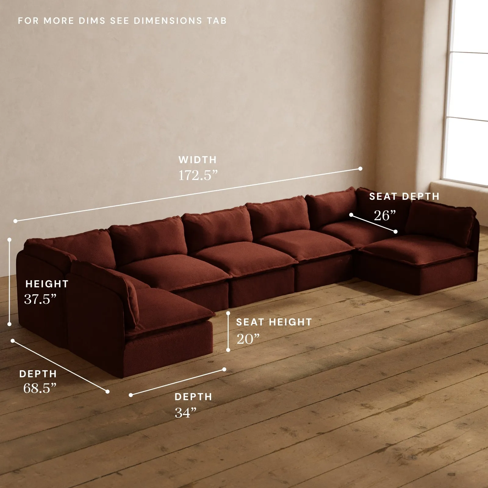 Modular Washable 7-Seater Open-Ends U-Sectional in Rust | Deluxe  Seat | Cloud Pillow