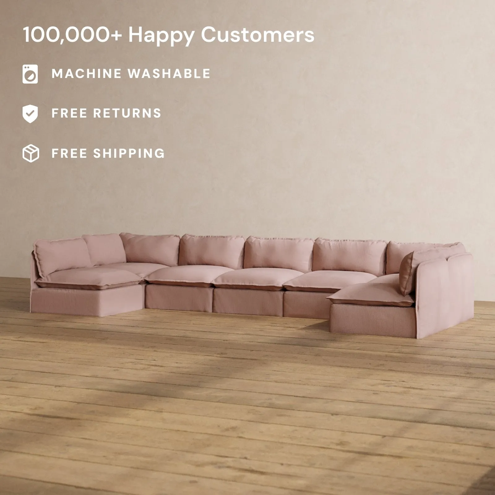 Modular Washable 7-Seater Open-Ends U-Sectional in Sakura | Deluxe  Seat | Cloud Pillow