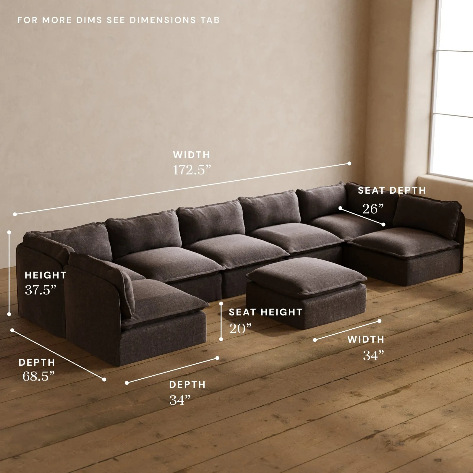 Modular Washable 7-Seater Open-Ends U-Sectional   Ottoman in Caviar | Deluxe  Seat | Cloud Pillow