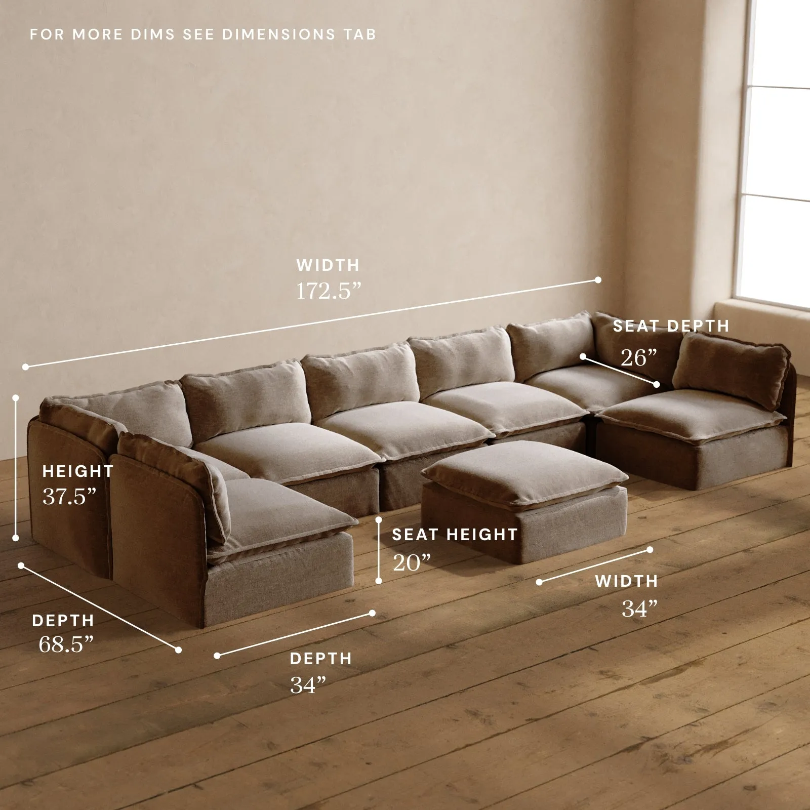 Modular Washable 7-Seater Open-Ends U-Sectional   Ottoman in Mist | Deluxe  Seat | Cloud Pillow