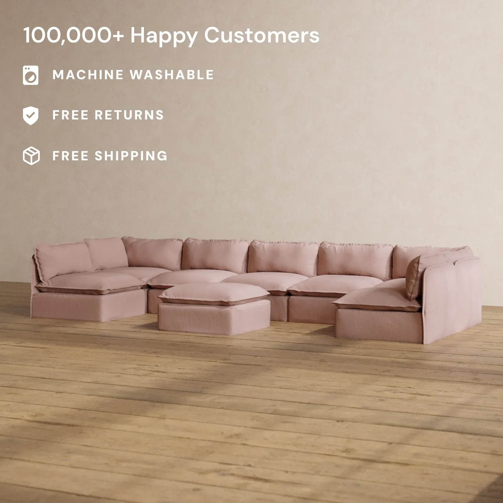 Modular Washable 7-Seater Open-Ends U-Sectional   Ottoman in Sakura | Deluxe  Seat | Cloud Pillow