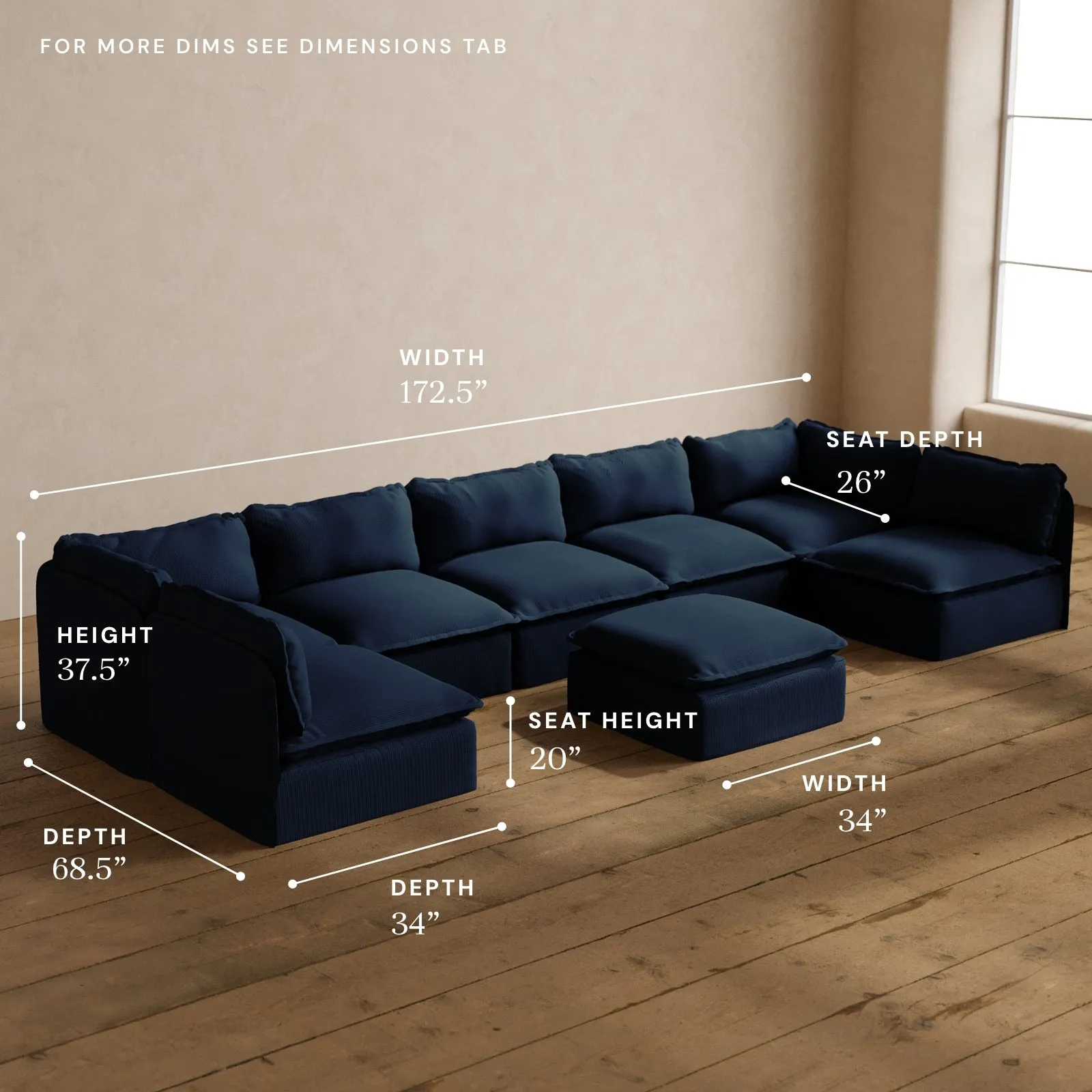 Modular Washable 7-Seater Open-Ends U-Sectional   Ottoman in Sumi | Deluxe  Seat | Cloud Pillow