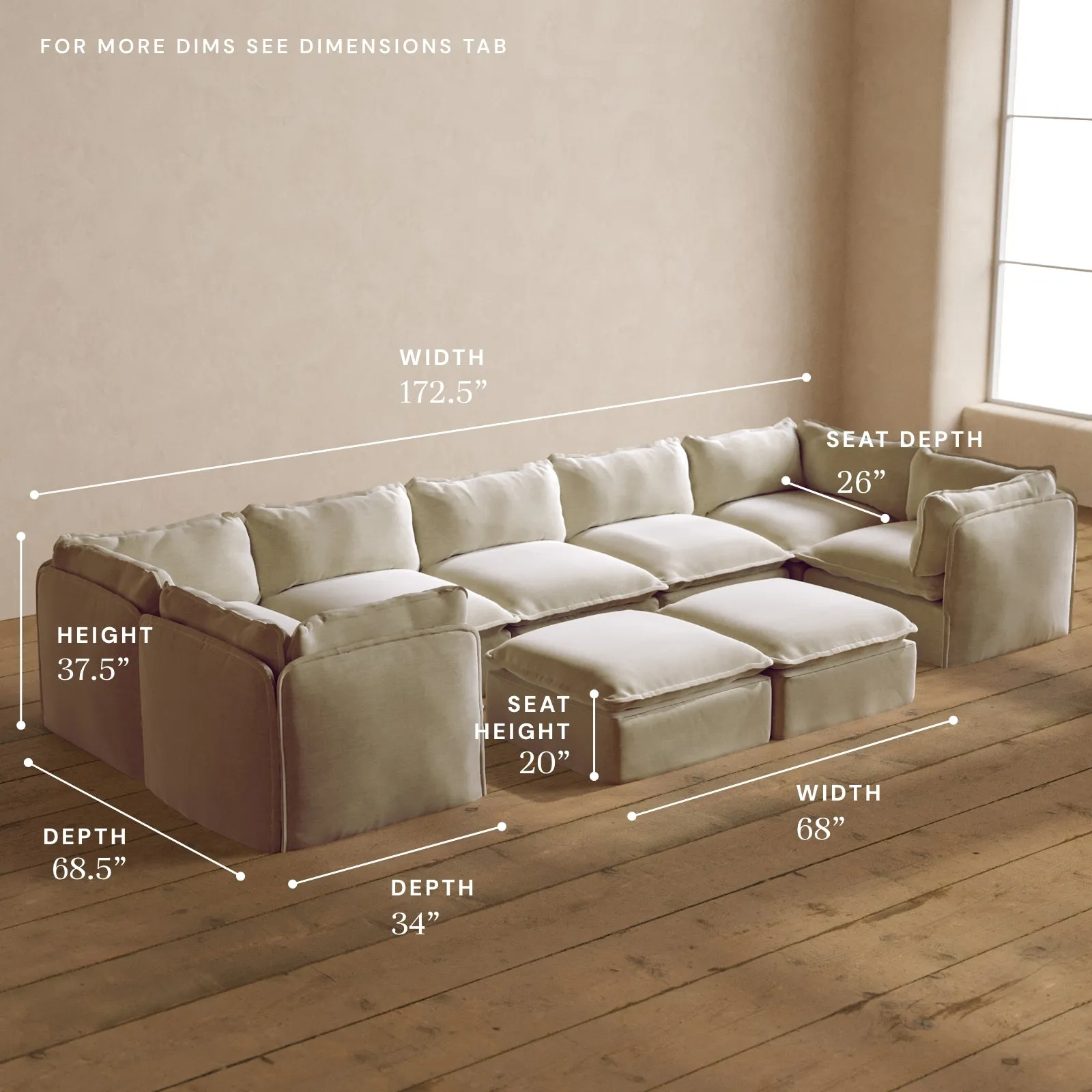 Modular Washable 7-Seater U-Sectional   Bench Ottoman in Coco | Deluxe  Seat | Cloud Pillow