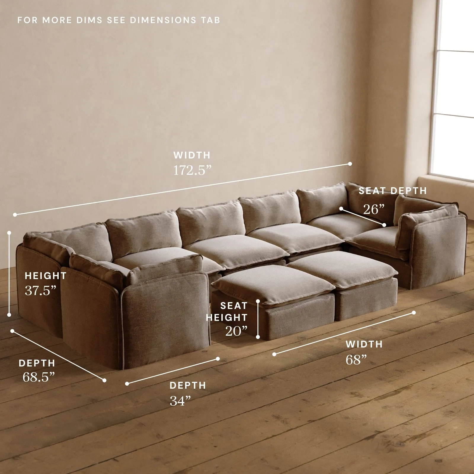 Modular Washable 7-Seater U-Sectional   Bench Ottoman in Mist | Deluxe  Seat | Cloud Pillow