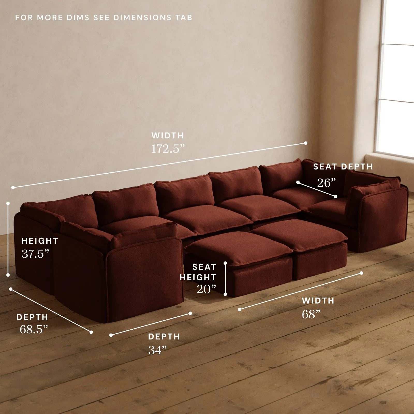 Modular Washable 7-Seater U-Sectional   Bench Ottoman in Rust | Deluxe  Seat | Cloud Pillow