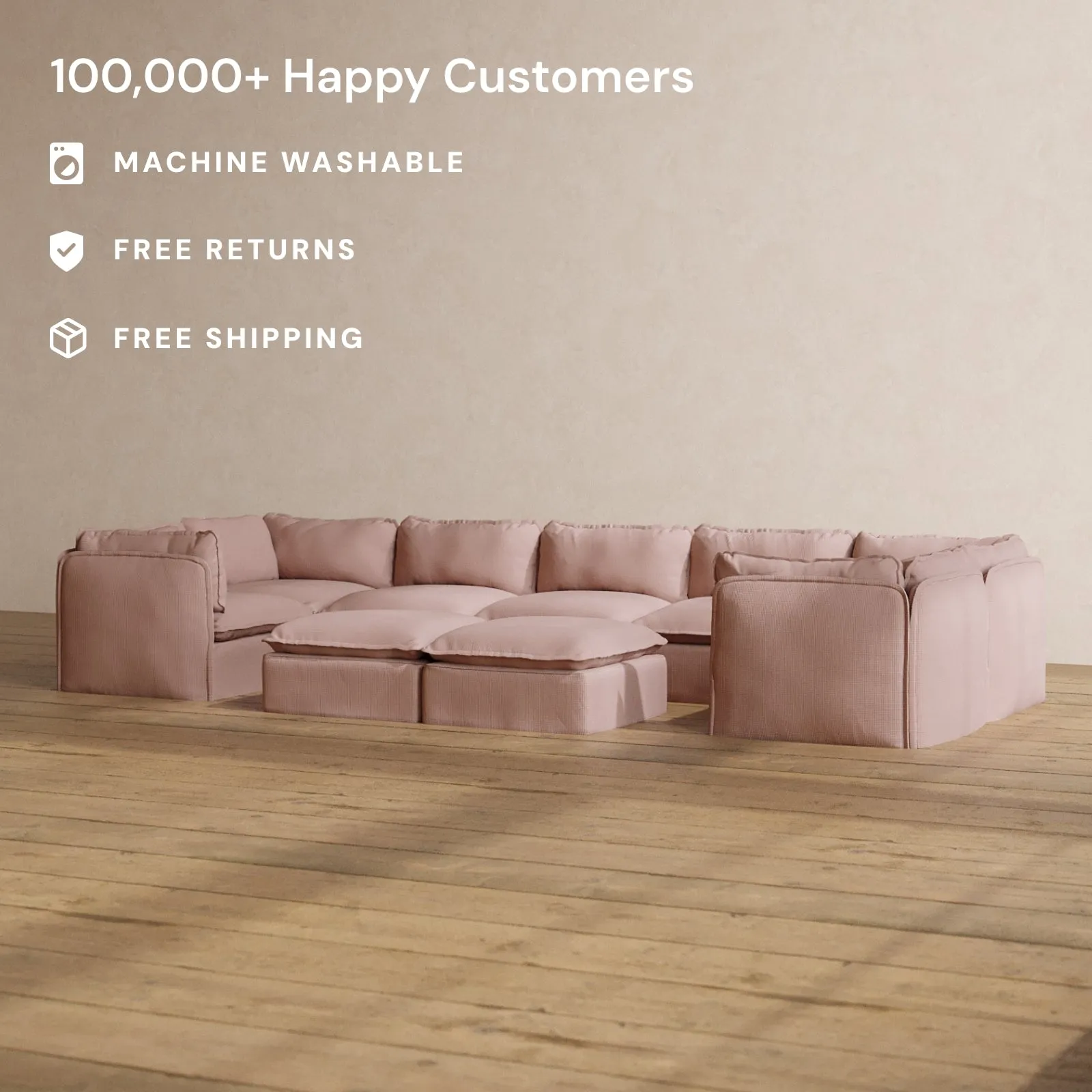 Modular Washable 7-Seater U-Sectional   Bench Ottoman in Sakura | Deluxe  Seat | Cloud Pillow