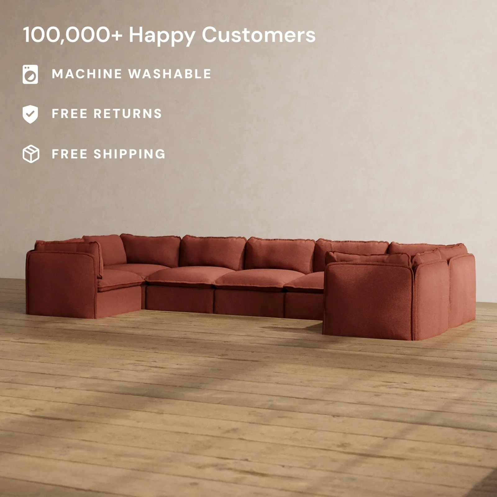 Modular Washable 7-Seater U-Sectional in Rust | Deluxe  Seat | Contour Pillow