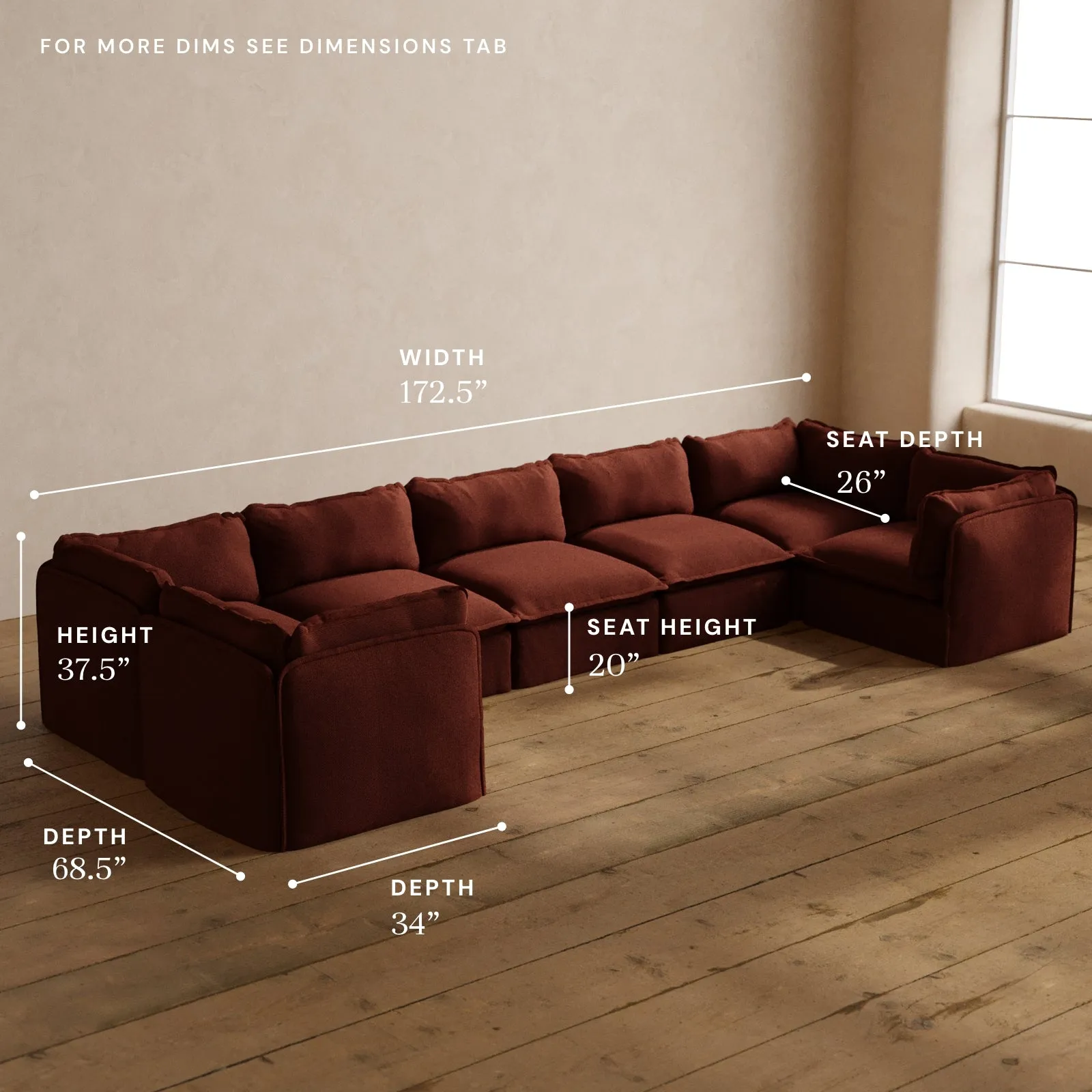 Modular Washable 7-Seater U-Sectional in Rust | Deluxe  Seat | Contour Pillow