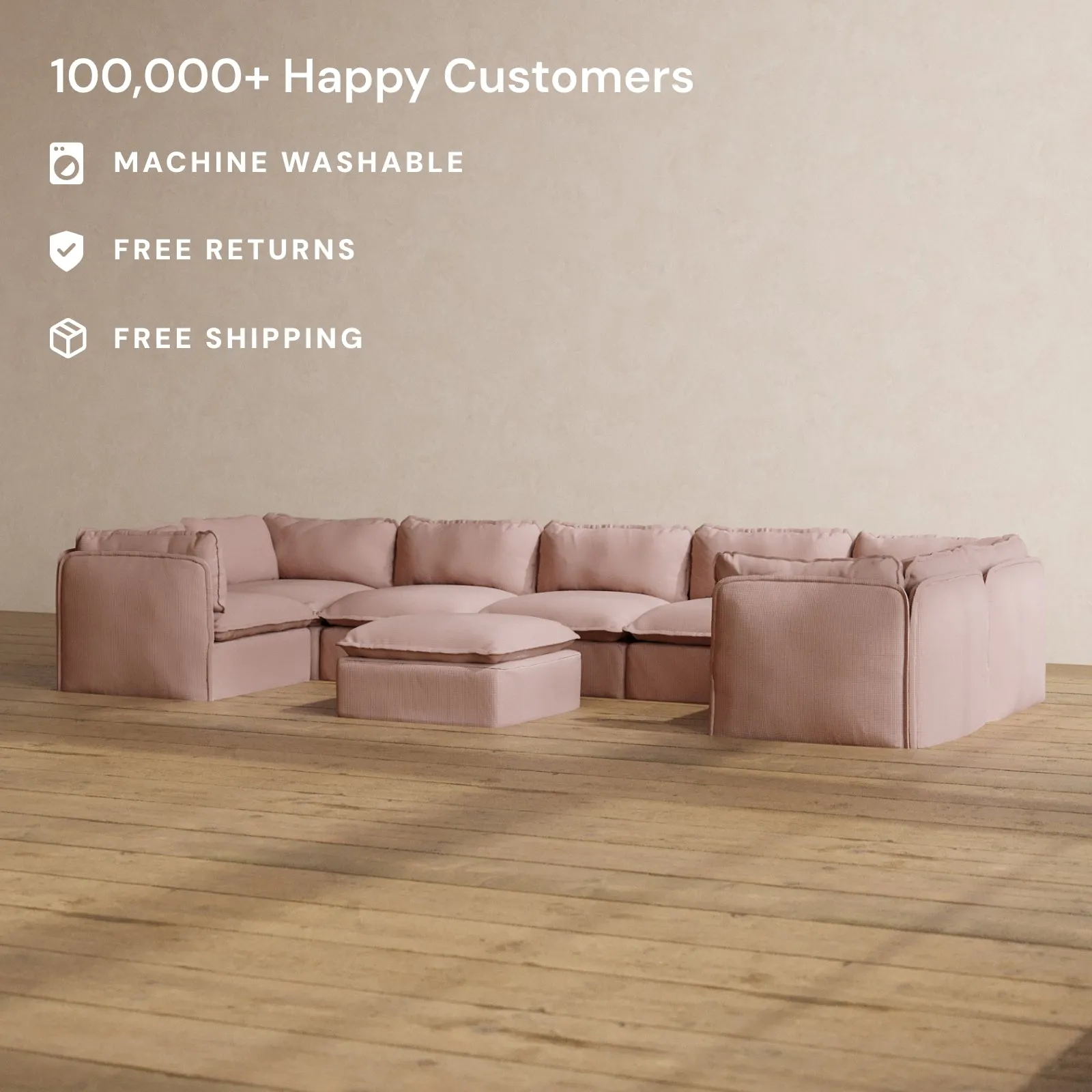 Modular Washable 7-Seater U-Sectional   Ottoman in Sakura | Deluxe  Seat | Cloud Pillow