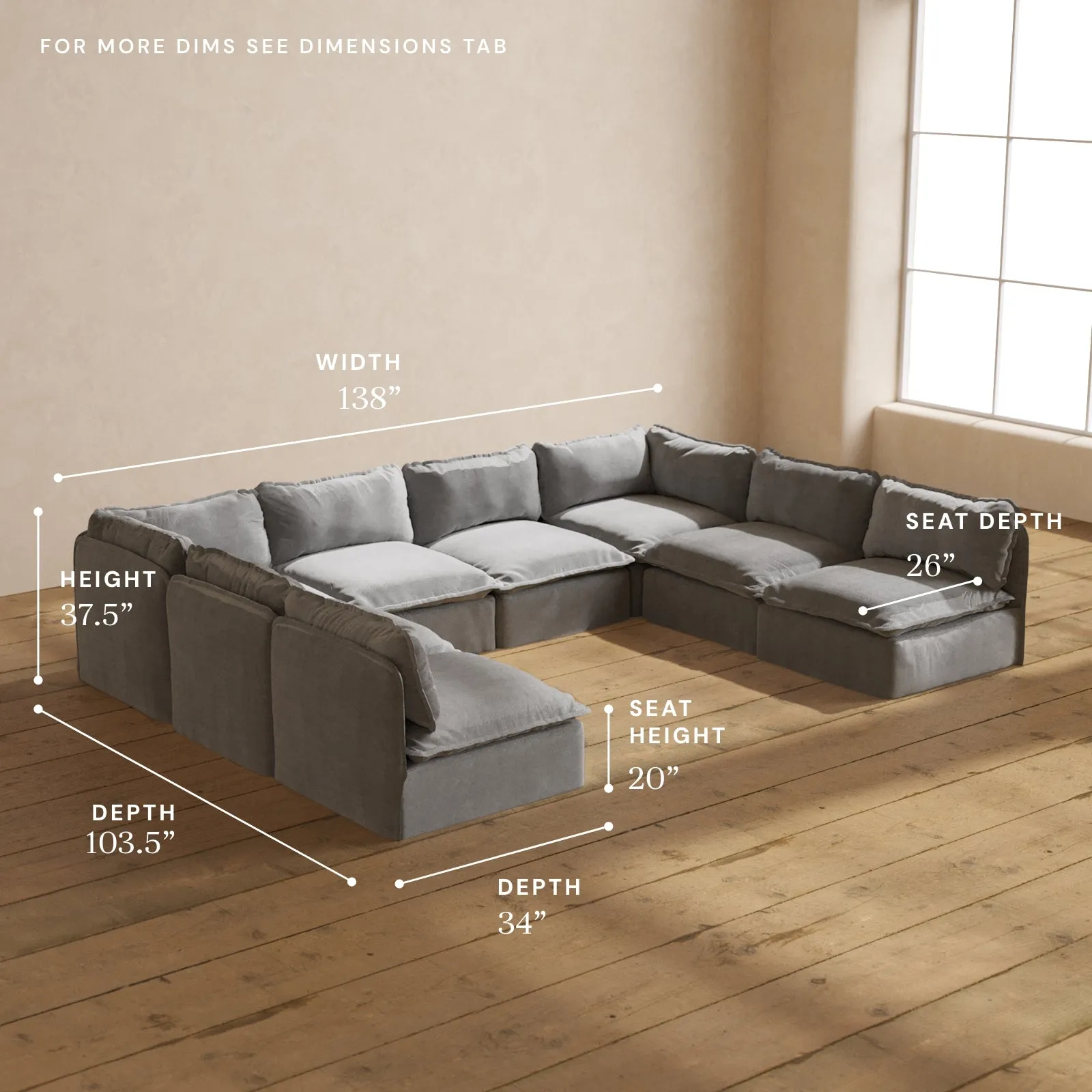 Modular Washable 8-Seater Open-Ends U-Sectional in Ash | Memorix  Seat | Cloud Pillow