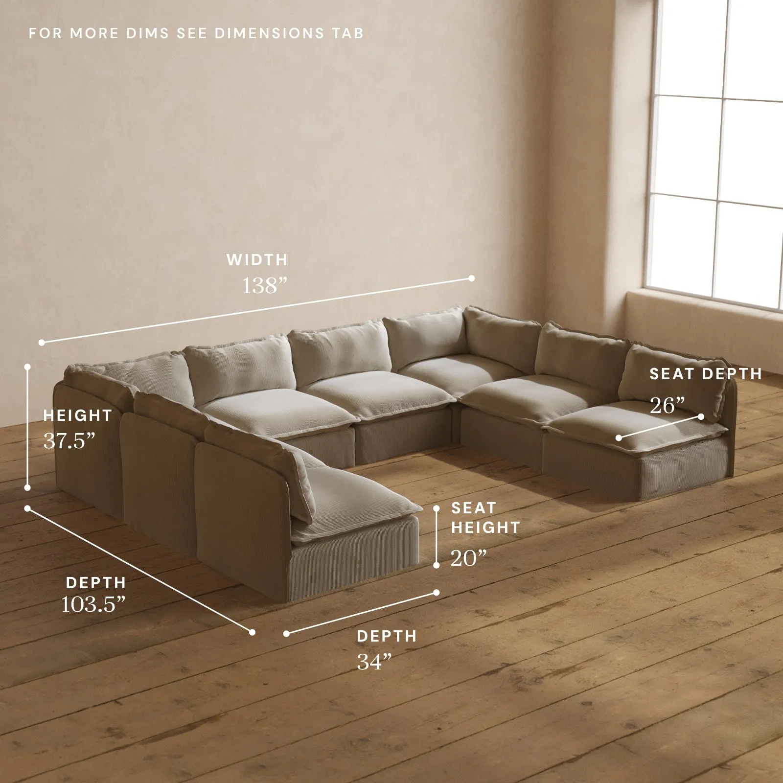 Modular Washable 8-Seater Open-Ends U-Sectional in Milk | Deluxe  Seat | Cloud Pillow