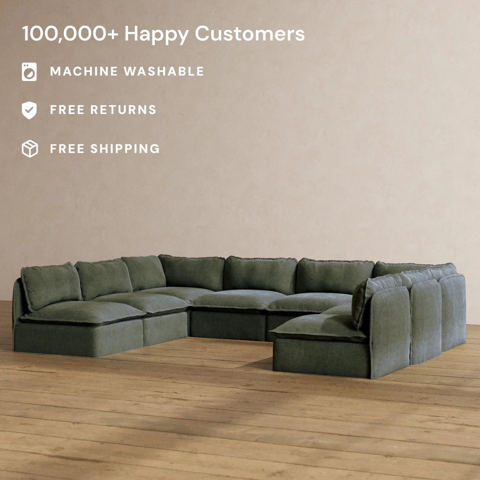 Modular Washable 8-Seater Open-Ends U-Sectional in Olivine | Deluxe  Seat | Cloud Pillow