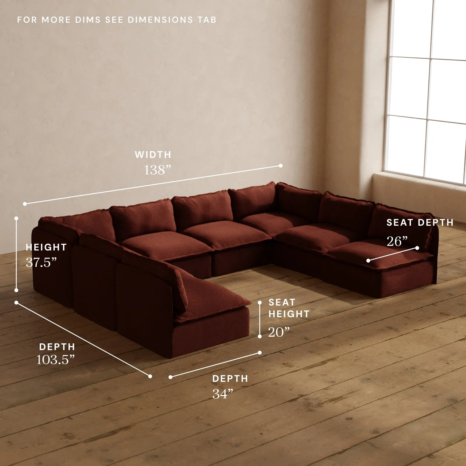 Modular Washable 8-Seater Open-Ends U-Sectional in Rust | Deluxe  Seat | Cloud Pillow