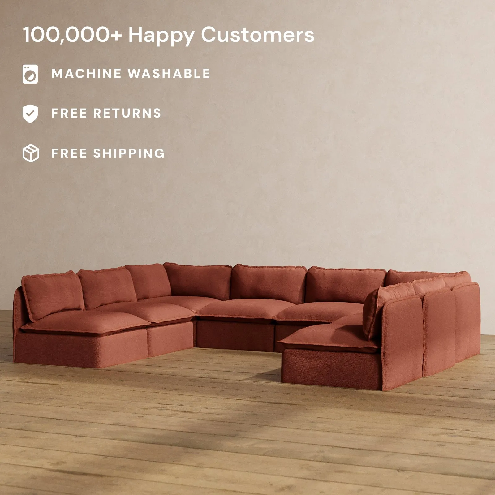 Modular Washable 8-Seater Open-Ends U-Sectional in Rust | Deluxe  Seat | Cloud Pillow