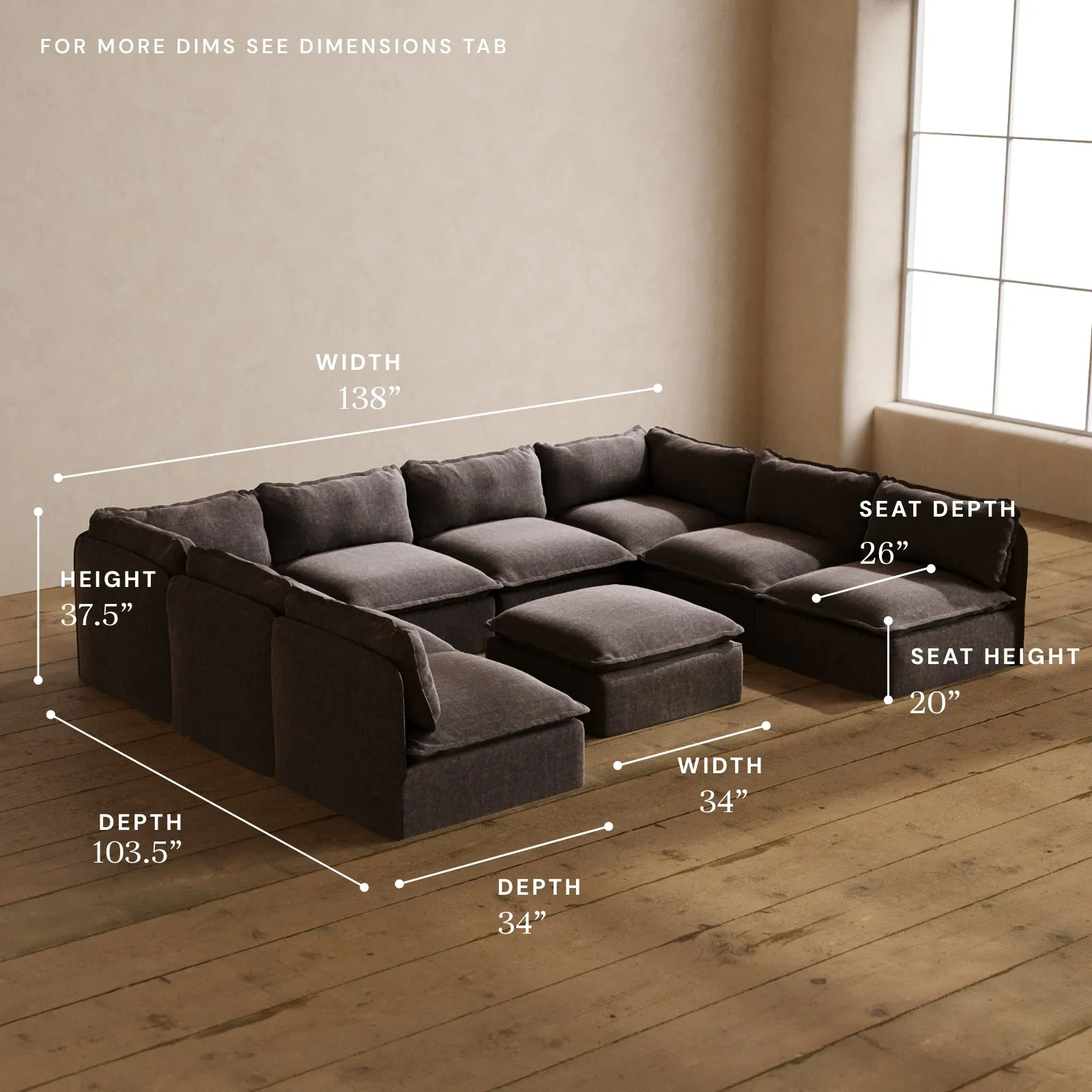 Modular Washable 8-Seater Open-Ends U-Sectional   Ottoman in Caviar | Deluxe  Seat | Cloud Pillow