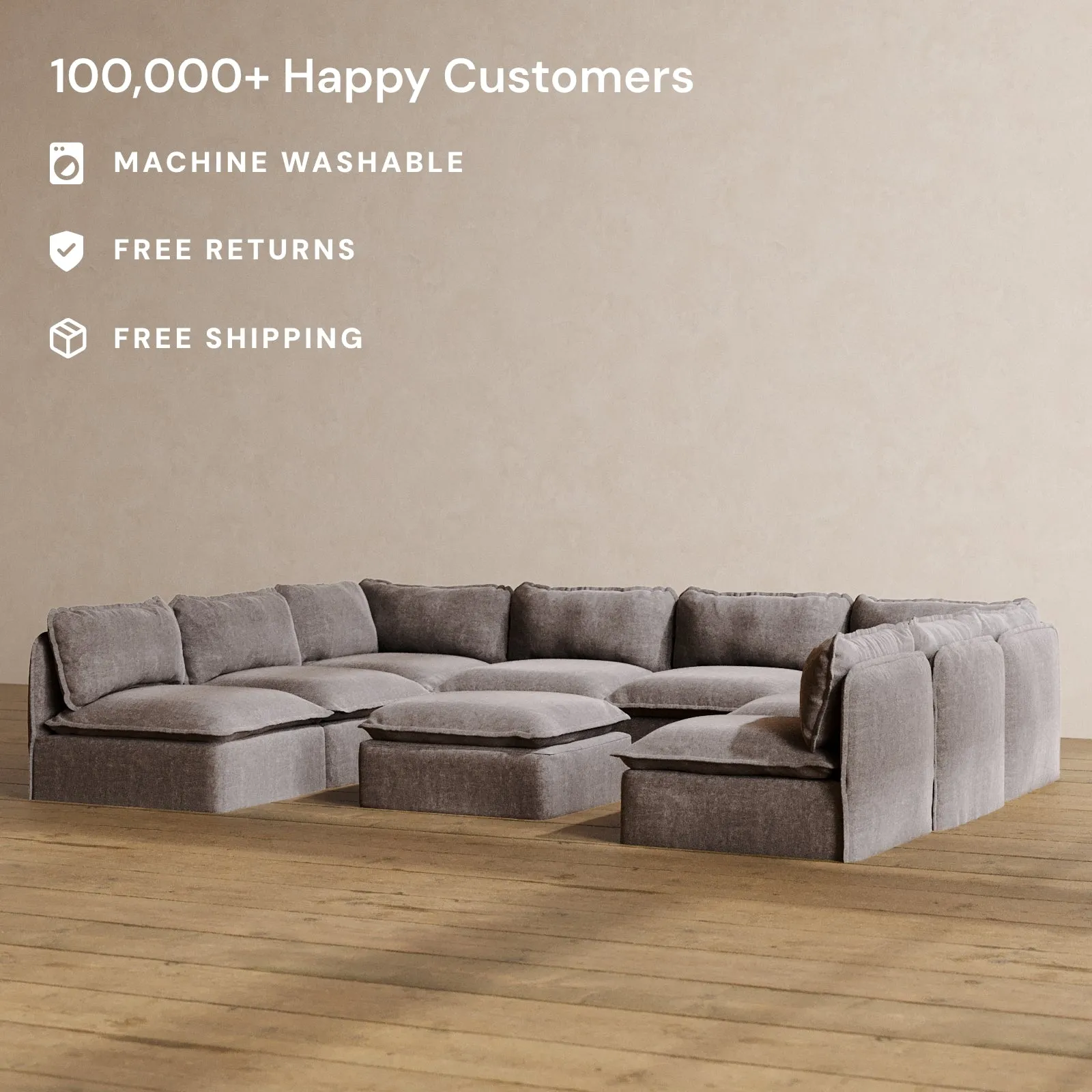 Modular Washable 8-Seater Open-Ends U-Sectional   Ottoman in Caviar | Deluxe  Seat | Cloud Pillow