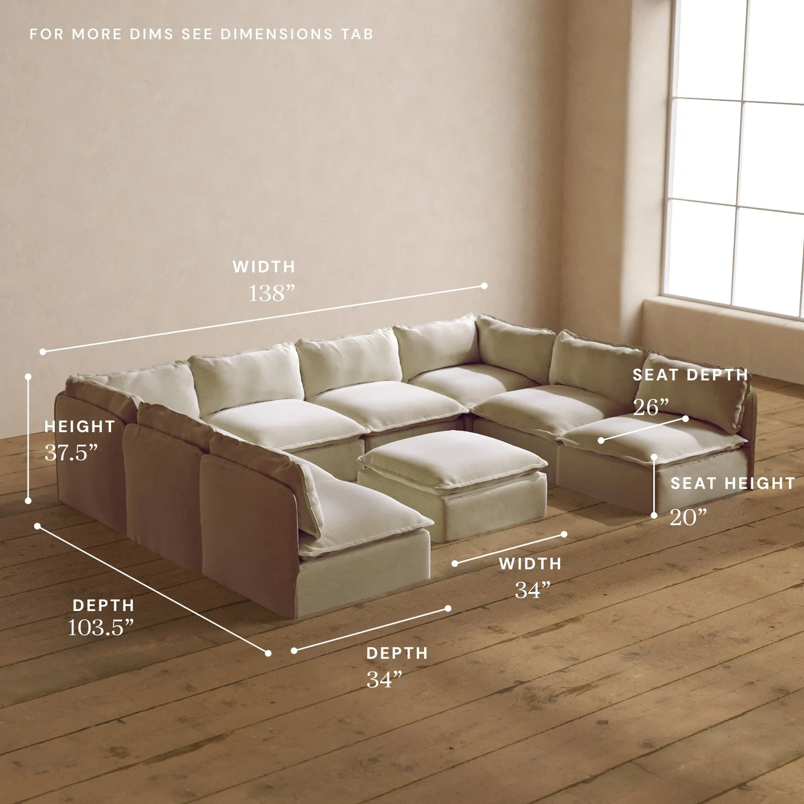 Modular Washable 8-Seater Open-Ends U-Sectional   Ottoman in Coco | Deluxe  Seat | Cloud Pillow