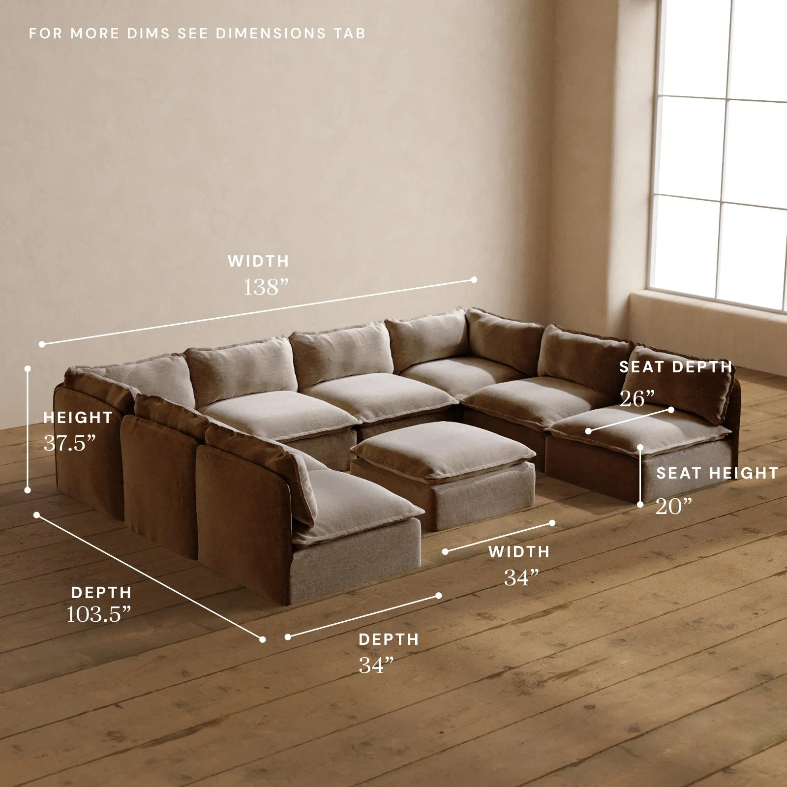 Modular Washable 8-Seater Open-Ends U-Sectional   Ottoman in Mist | Deluxe  Seat | Contour Pillow