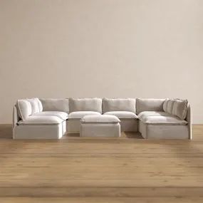 Modular Washable 8-Seater Open-Ends U-Sectional   Ottoman in Mist | Deluxe  Seat | Contour Pillow