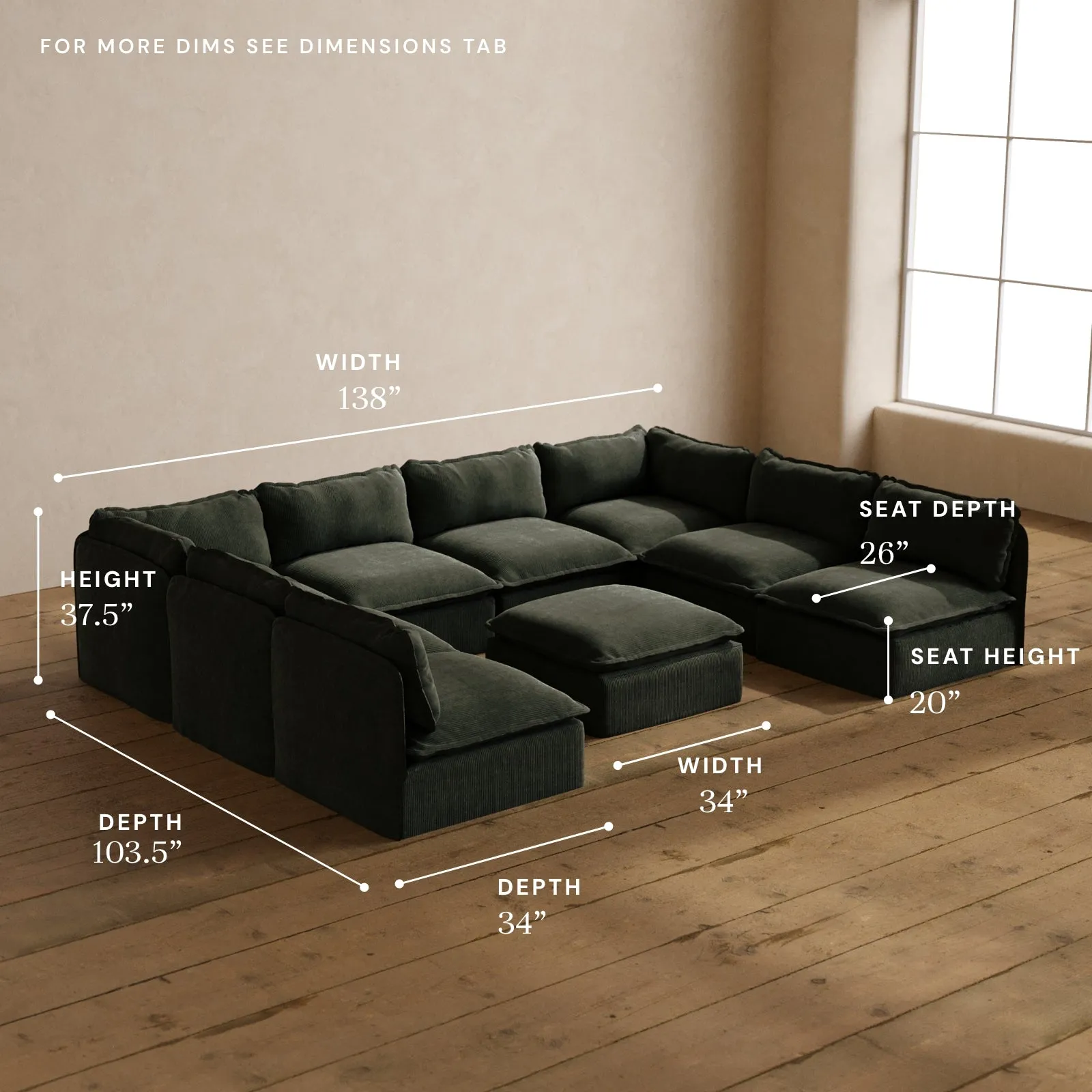 Modular Washable 8-Seater Open-Ends U-Sectional   Ottoman in Olivine | Deluxe  Seat | Cloud Pillow