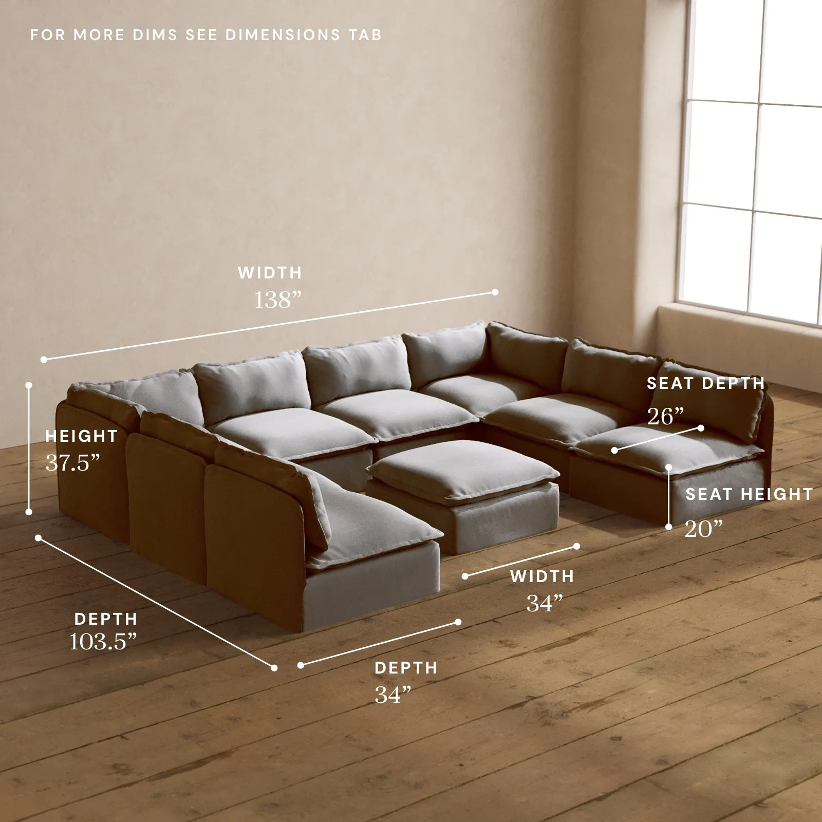 Modular Washable 8-Seater Open-Ends U-Sectional   Ottoman in Pumice | Deluxe  Seat | Cloud Pillow