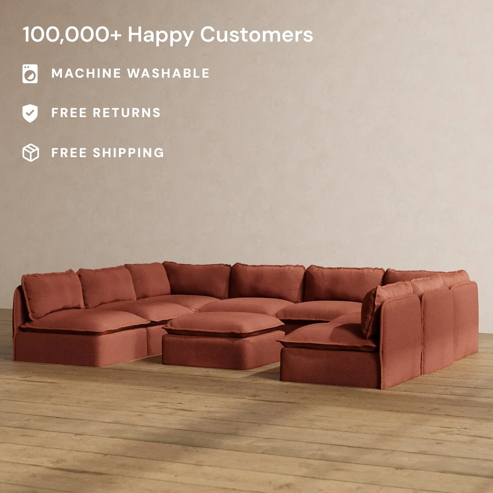 Modular Washable 8-Seater Open-Ends U-Sectional   Ottoman in Rust | Deluxe  Seat | Cloud Pillow