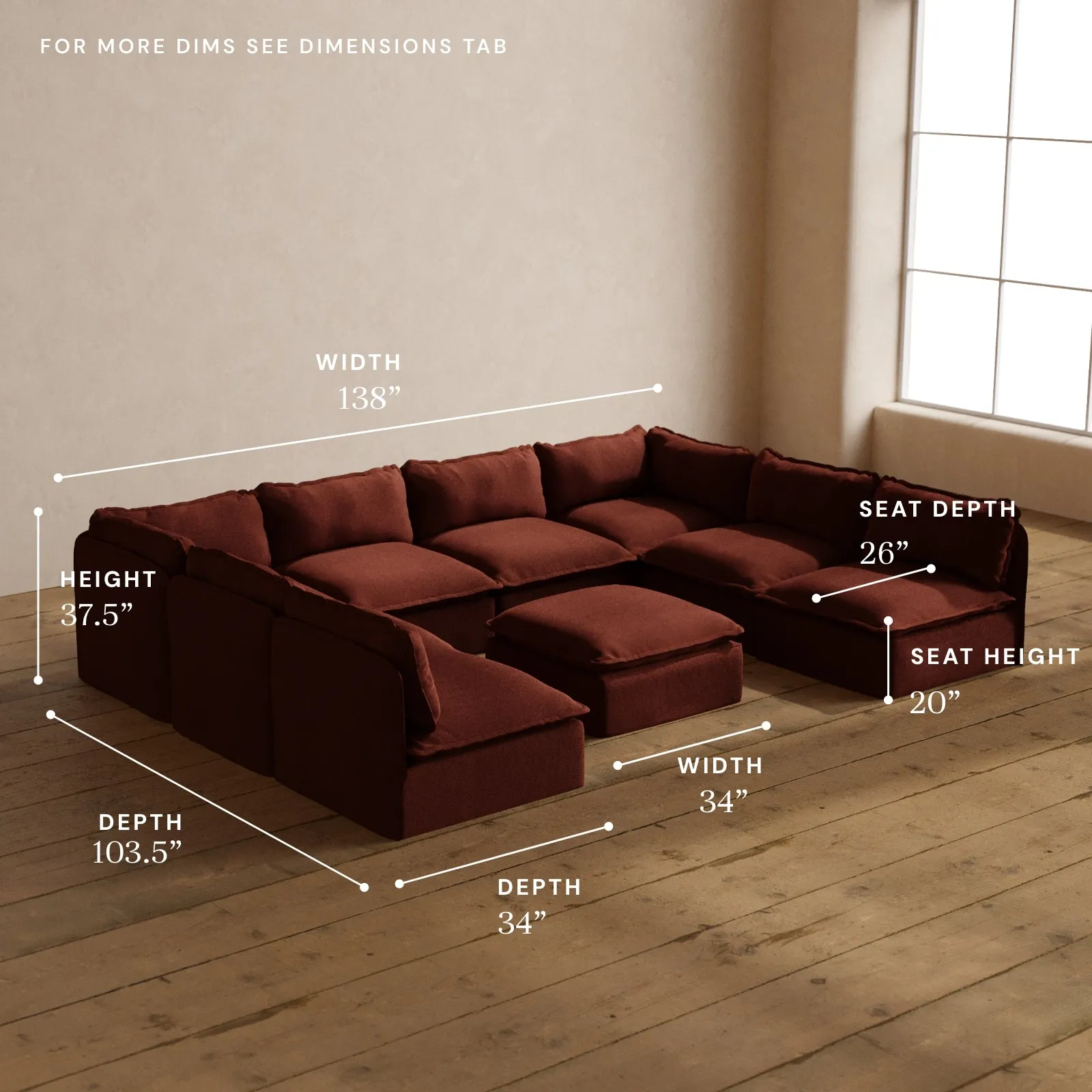 Modular Washable 8-Seater Open-Ends U-Sectional   Ottoman in Rust | Deluxe  Seat | Cloud Pillow