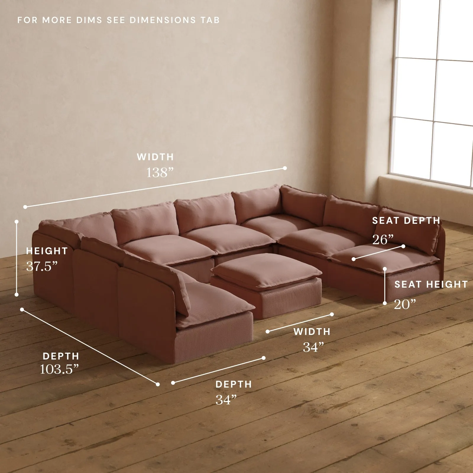 Modular Washable 8-Seater Open-Ends U-Sectional   Ottoman in Sakura | Deluxe  Seat | Cloud Pillow