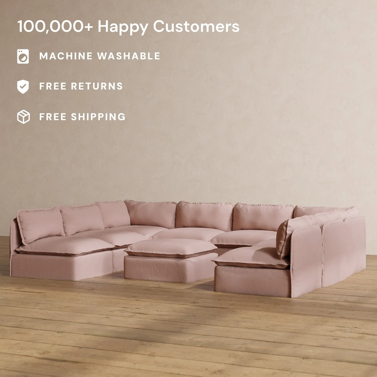 Modular Washable 8-Seater Open-Ends U-Sectional   Ottoman in Sakura | Deluxe  Seat | Cloud Pillow