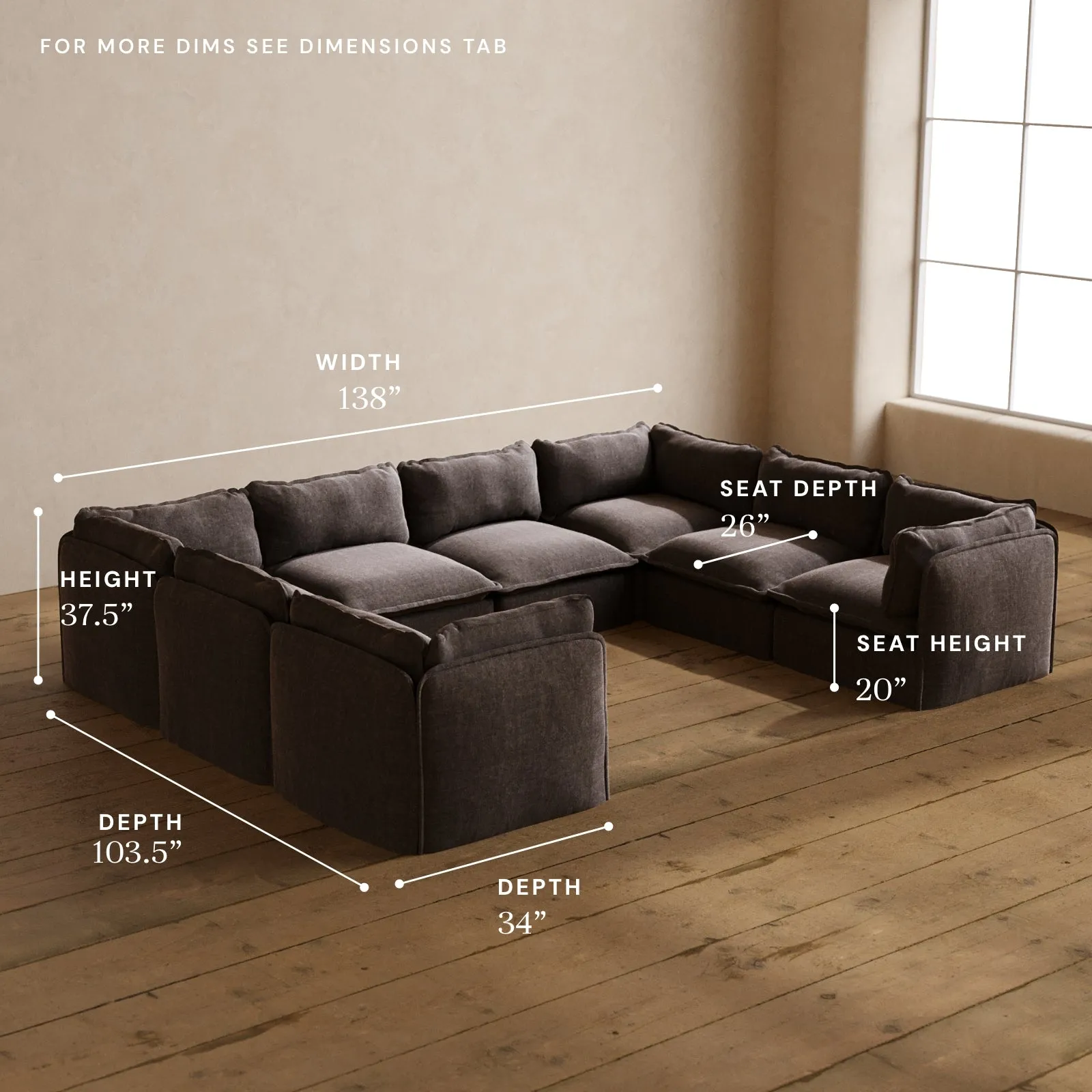 Modular Washable 8-Seater U-Sectional in Caviar | Deluxe  Seat | Cloud Pillow