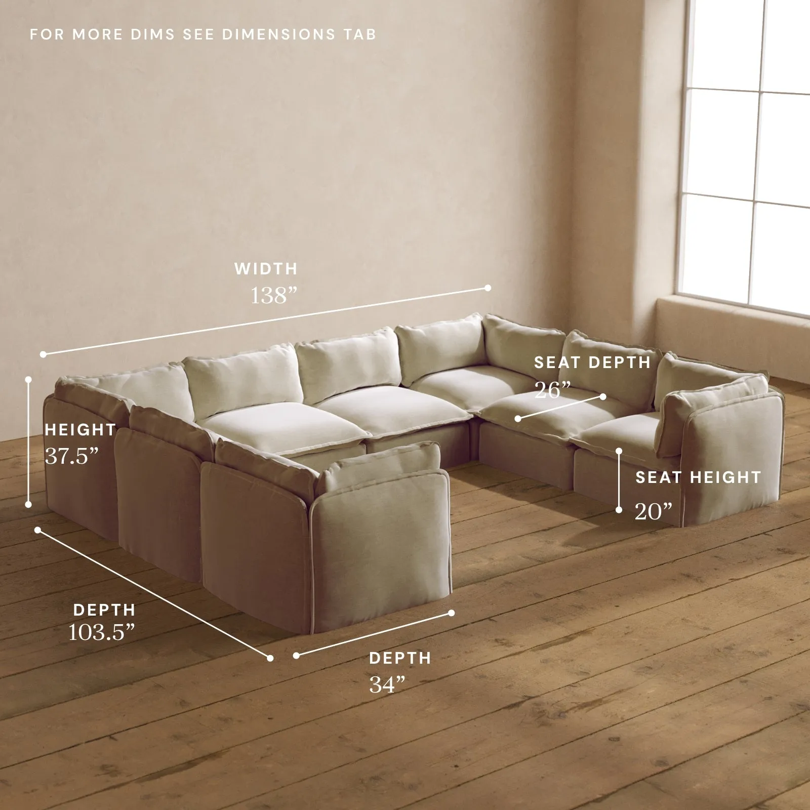 Modular Washable 8-Seater U-Sectional in Coco | Deluxe  Seat | Cloud Pillow