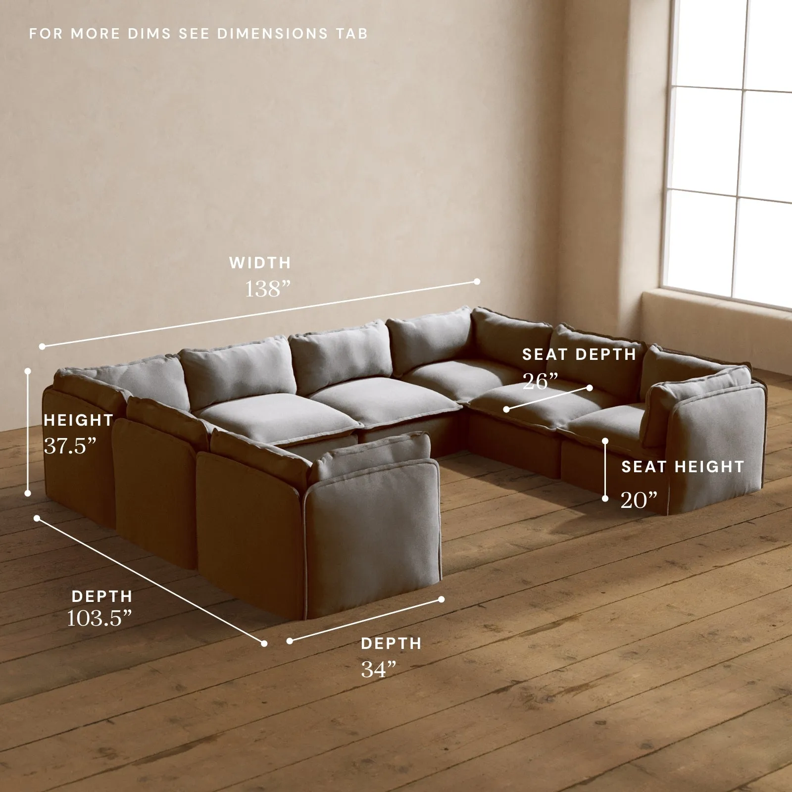 Modular Washable 8-Seater U-Sectional in Pumice | Deluxe  Seat | Cloud Pillow