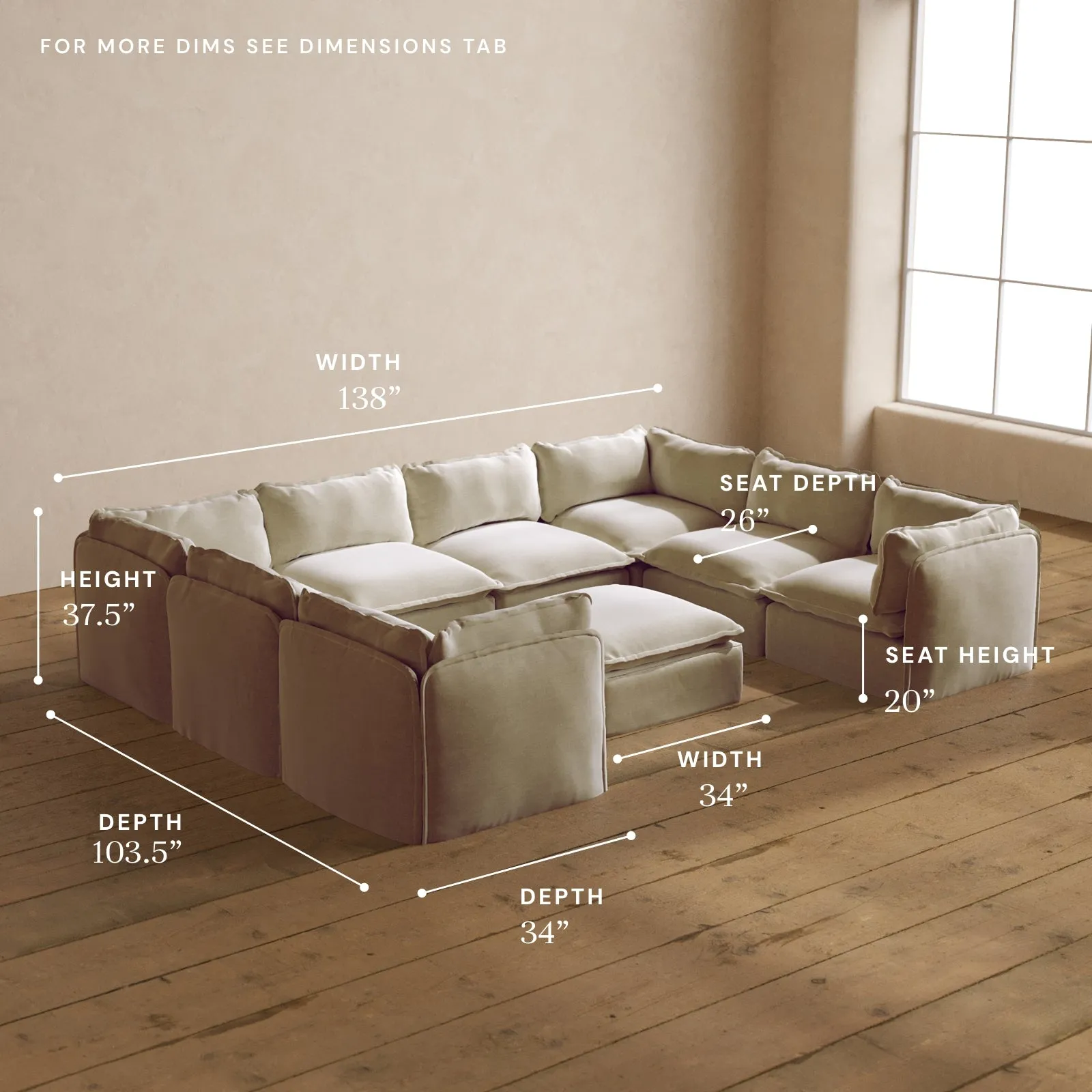 Modular Washable 8-Seater U-Sectional   Ottoman in Coco | Deluxe  Seat | Cloud Pillow