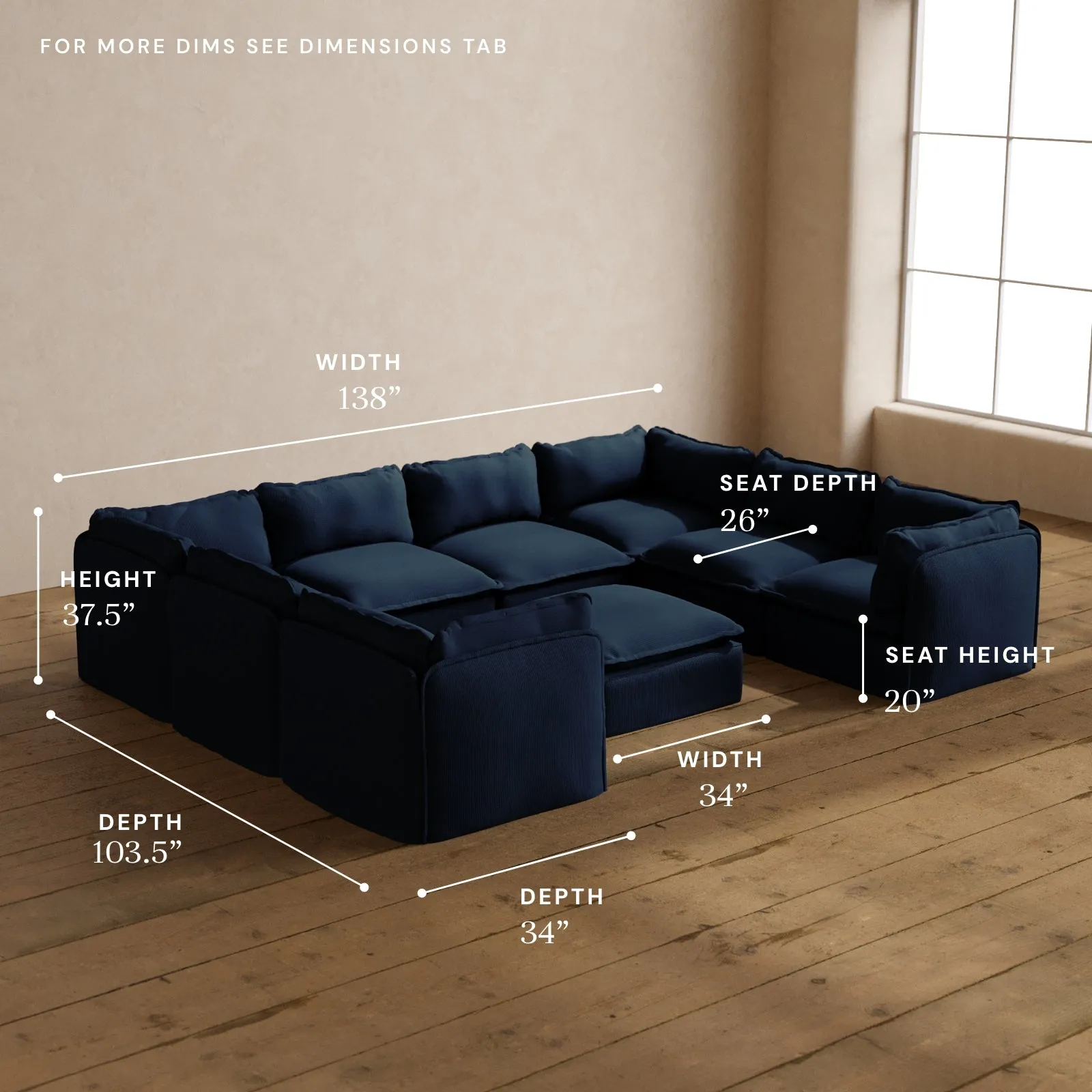 Modular Washable 8-Seater U-Sectional   Ottoman in Sumi | Deluxe  Seat | Cloud Pillow