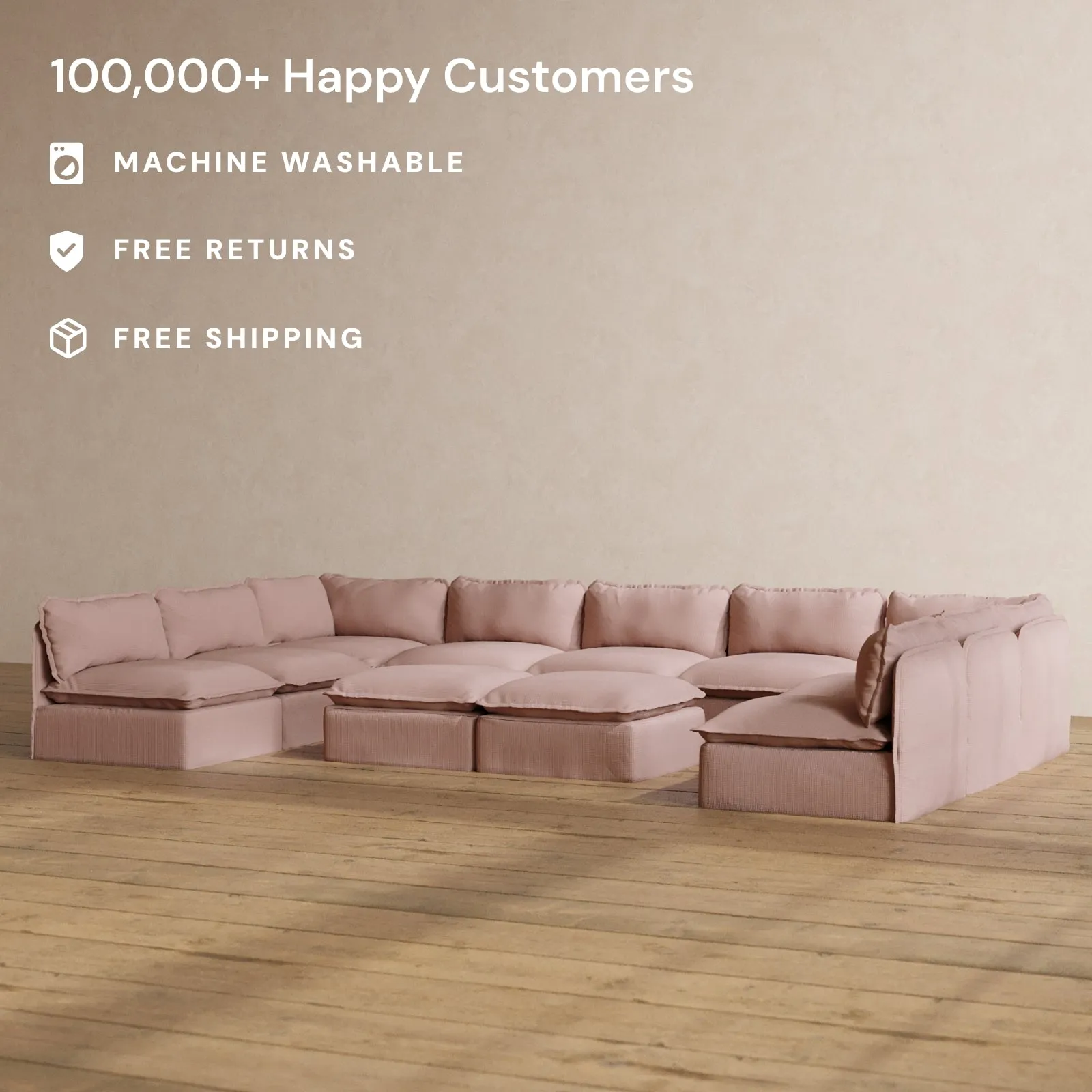 Modular Washable 9-Seater Open-Ends U-Sectional   Bench Ottoman in Sakura | Deluxe  Seat | Cloud Pillow