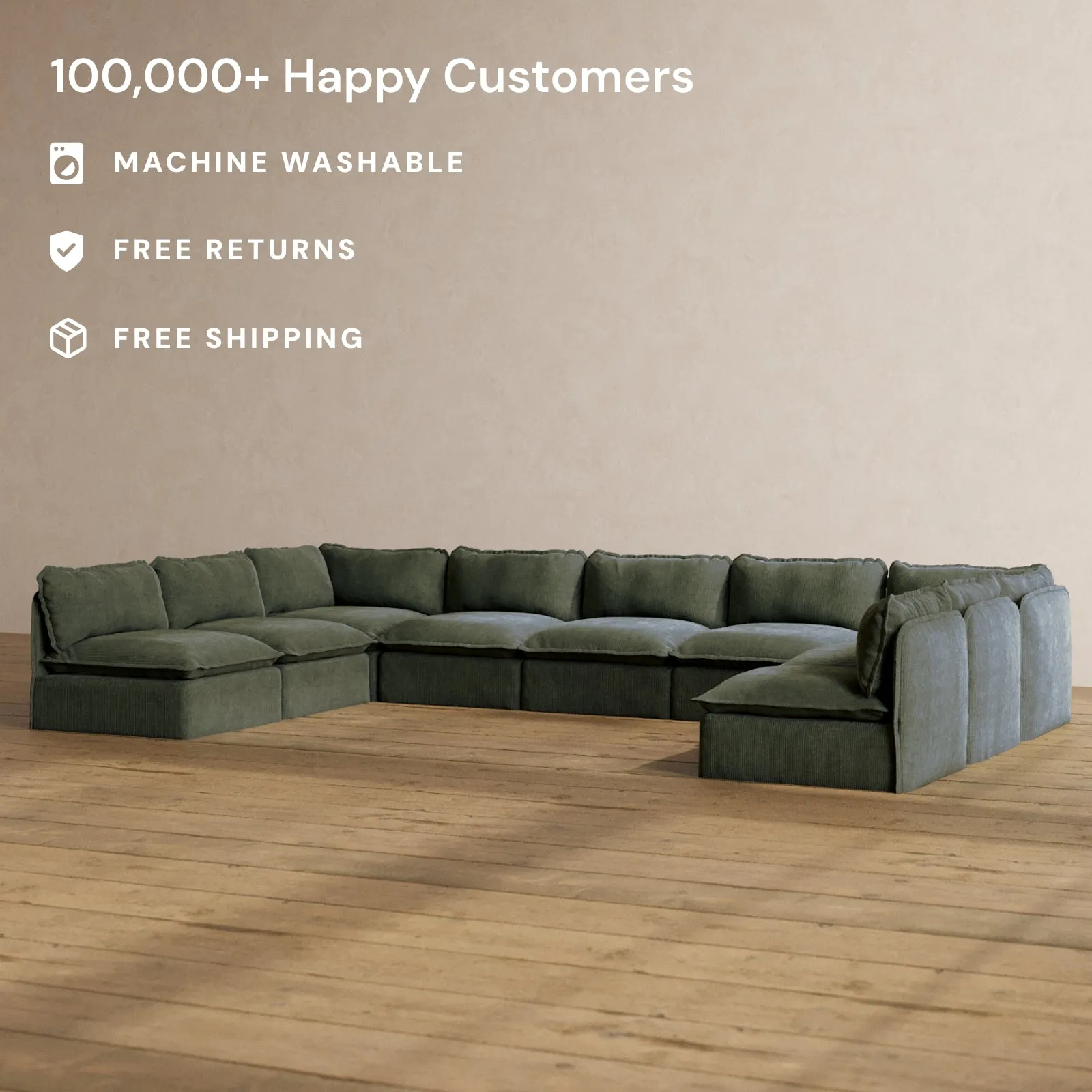 Modular Washable 9-Seater Open-Ends U-Sectional in Olivine | Deluxe  Seat | Cloud Pillow