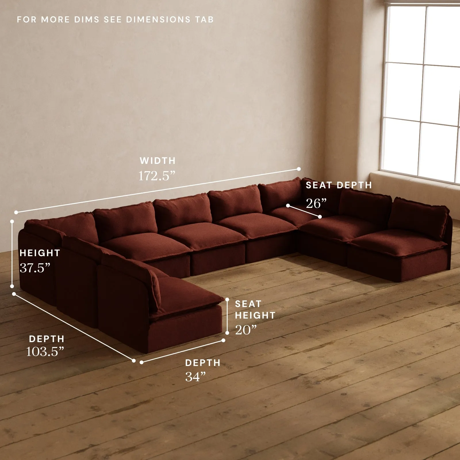 Modular Washable 9-Seater Open-Ends U-Sectional in Rust | Deluxe  Seat | Cloud Pillow