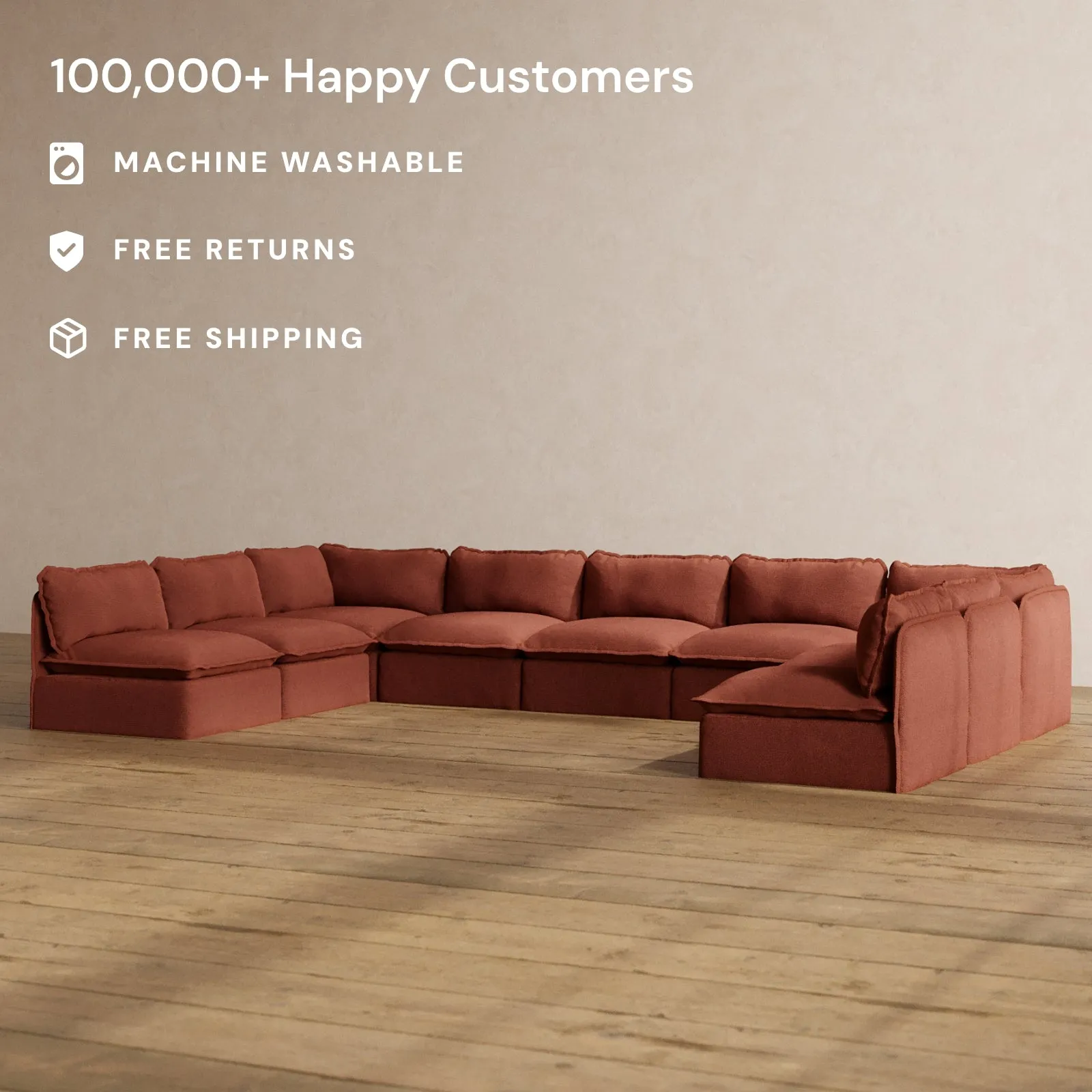 Modular Washable 9-Seater Open-Ends U-Sectional in Rust | Deluxe  Seat | Cloud Pillow