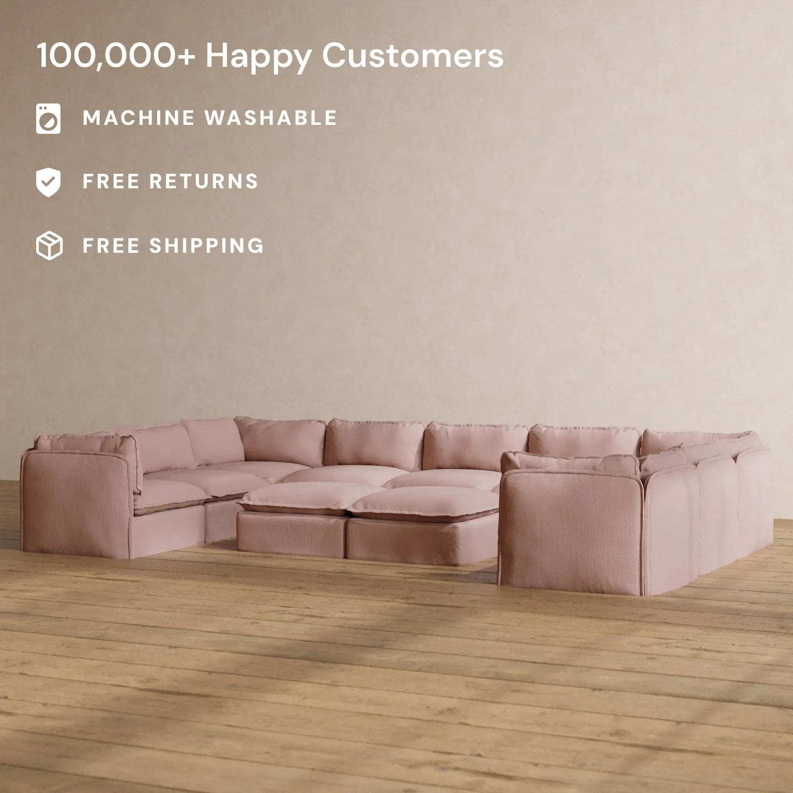 Modular Washable 9-Seater U-Sectional   Bench Ottoman in Sakura | Deluxe  Seat | Cloud Pillow