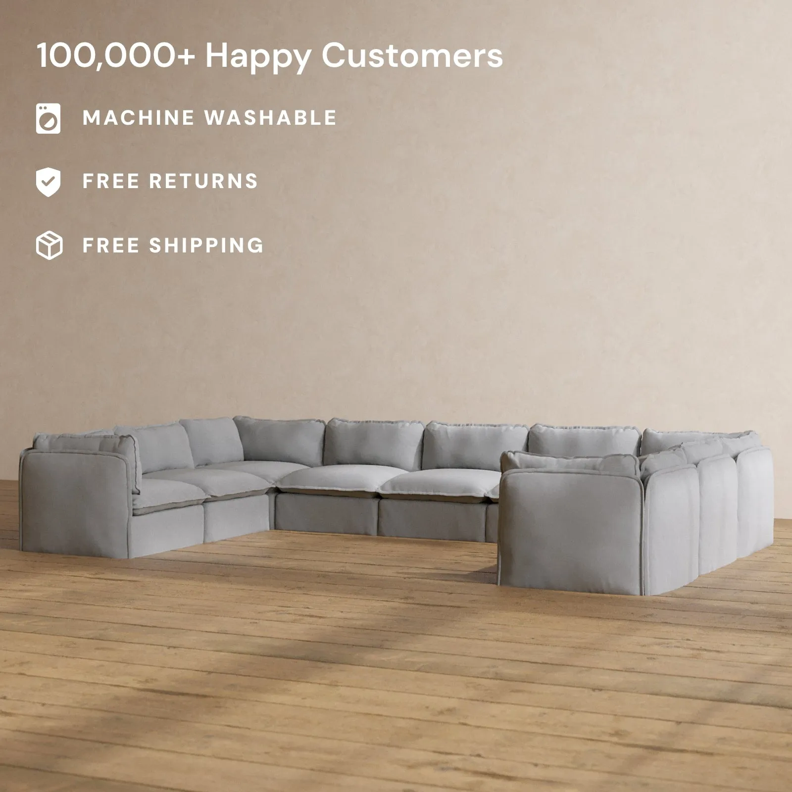 Modular Washable 9-Seater U-Sectional in Pumice | Deluxe  Seat | Cloud Pillow