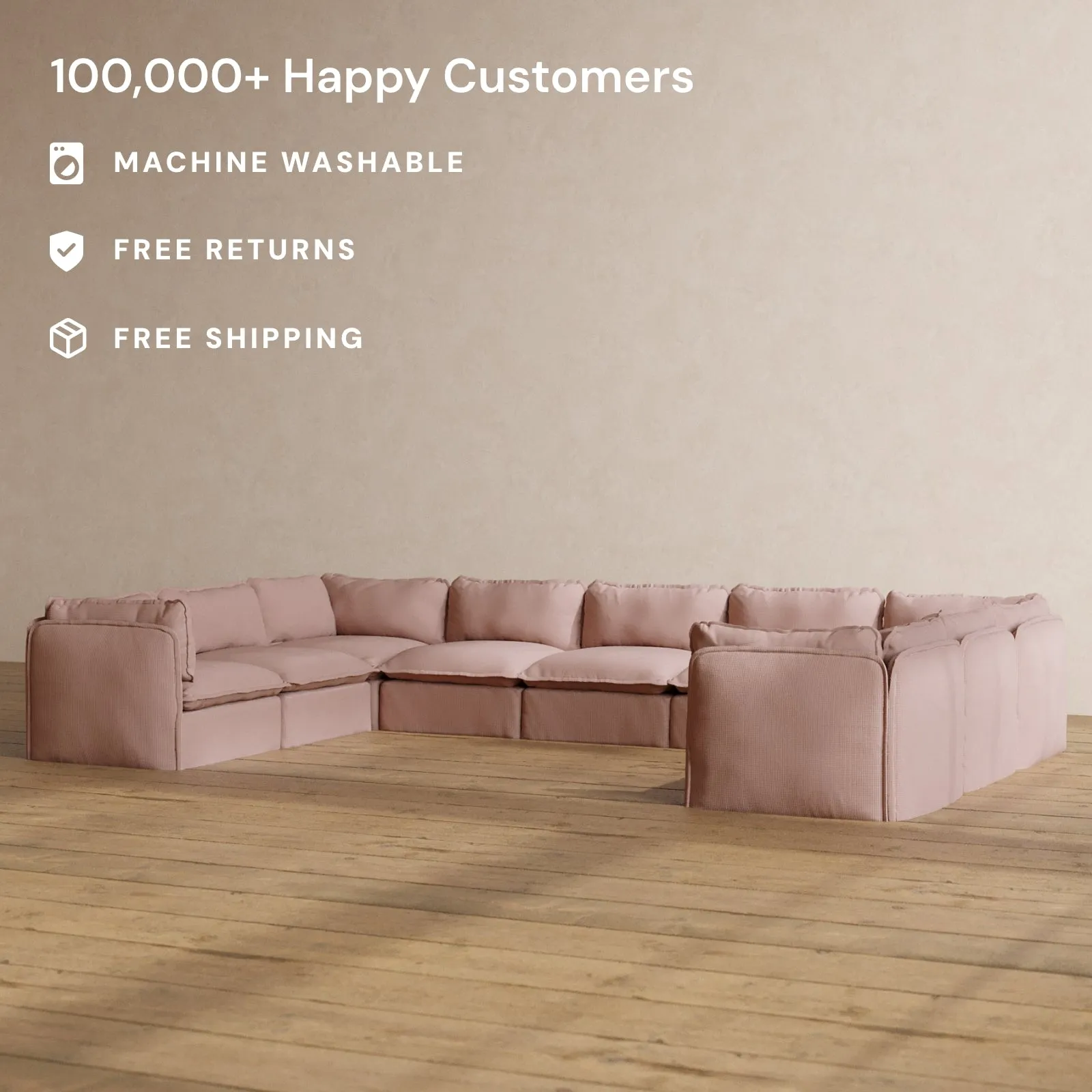 Modular Washable 9-Seater U-Sectional in Sakura | Deluxe  Seat | Cloud Pillow