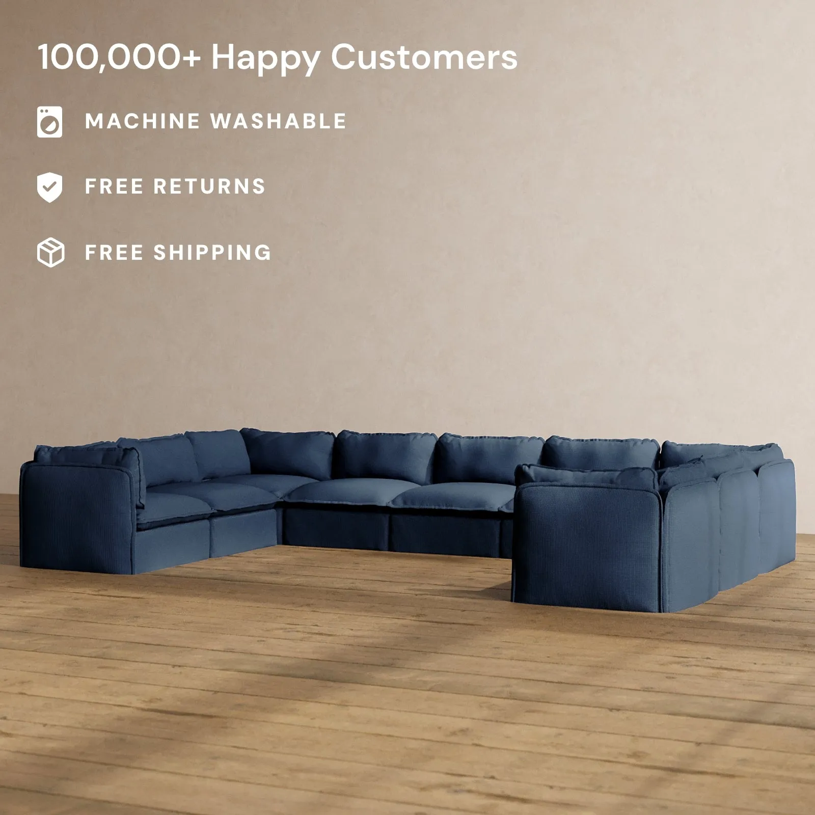 Modular Washable 9-Seater U-Sectional in Sumi | Deluxe  Seat | Cloud Pillow