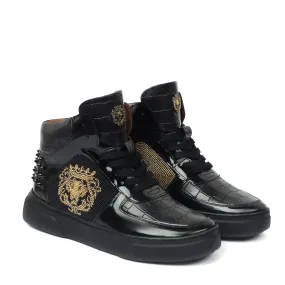 Patent Deep Cut Leather Sneakers for Men's with Black and Golden Rhinestone Beads Zardosi by Brune & Bareskin