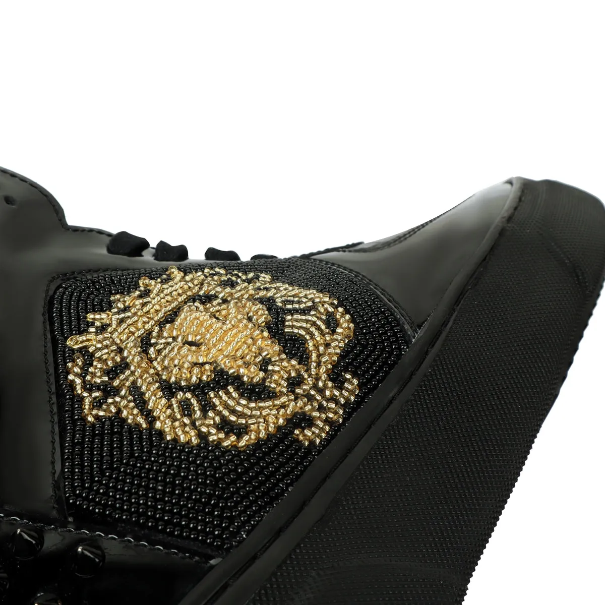 Patent Deep Cut Leather Sneakers for Men's with Black and Golden Rhinestone Beads Zardosi by Brune & Bareskin