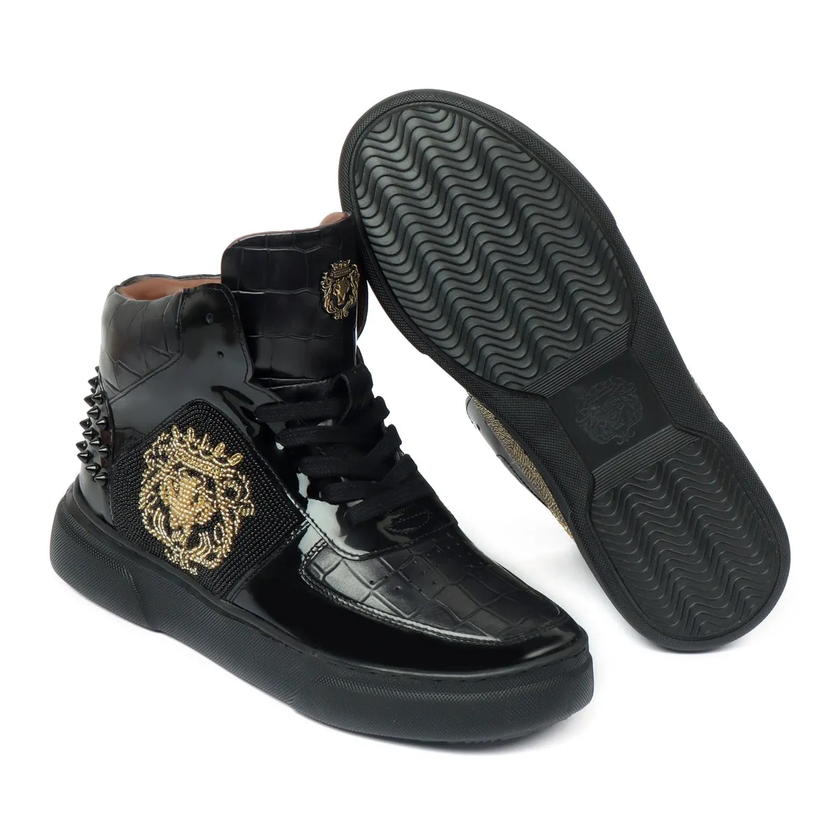 Patent Deep Cut Leather Sneakers for Men's with Black and Golden Rhinestone Beads Zardosi by Brune & Bareskin