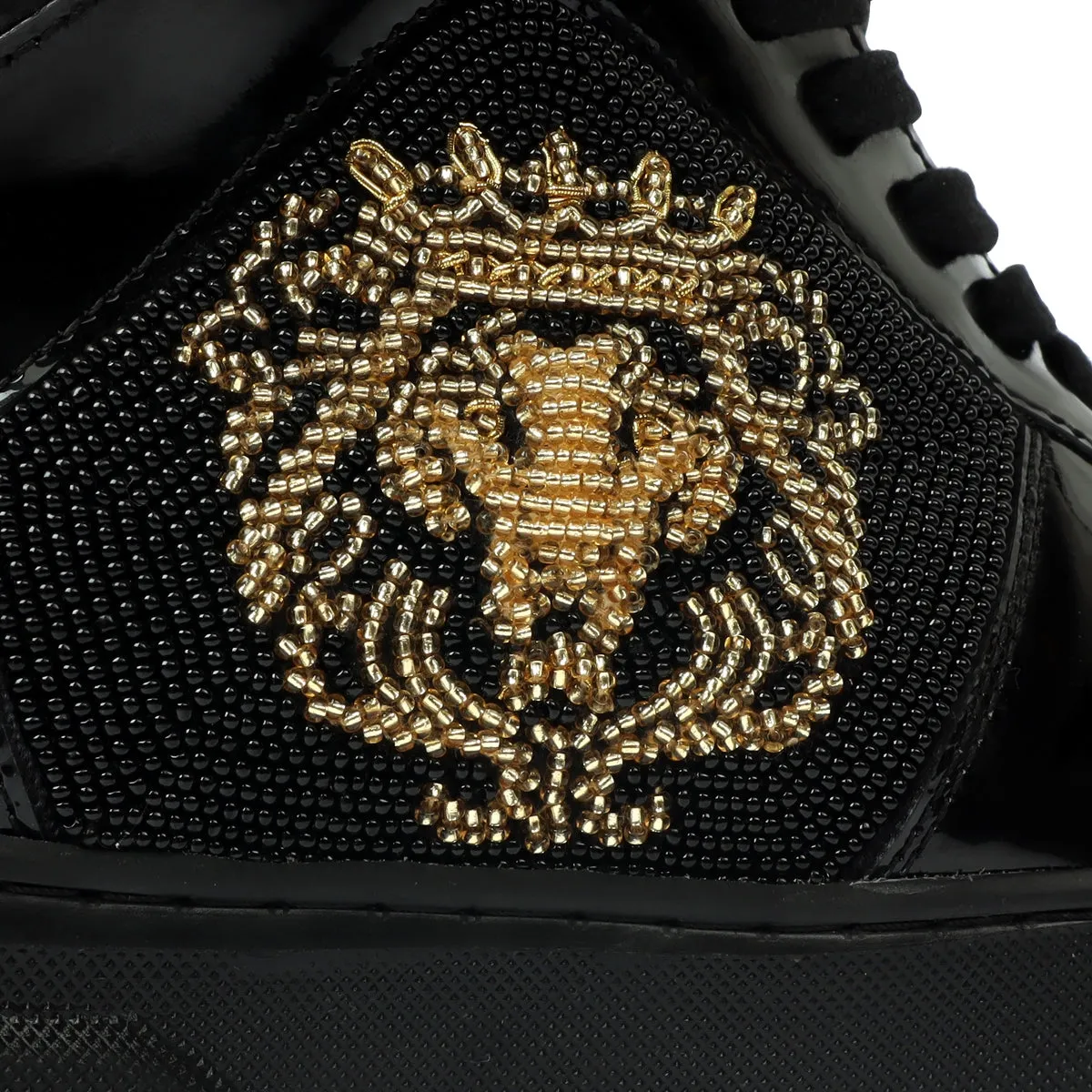 Patent Deep Cut Leather Sneakers for Men's with Black and Golden Rhinestone Beads Zardosi by Brune & Bareskin